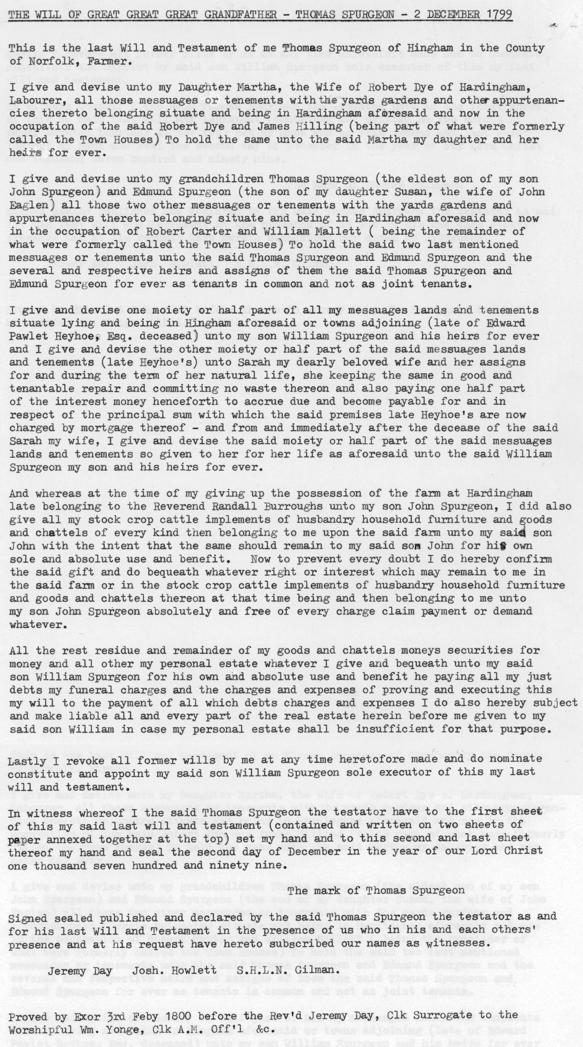 Thomas Spurgeon's will, made 2 December 1799, transcribed by Roy Spurgeon