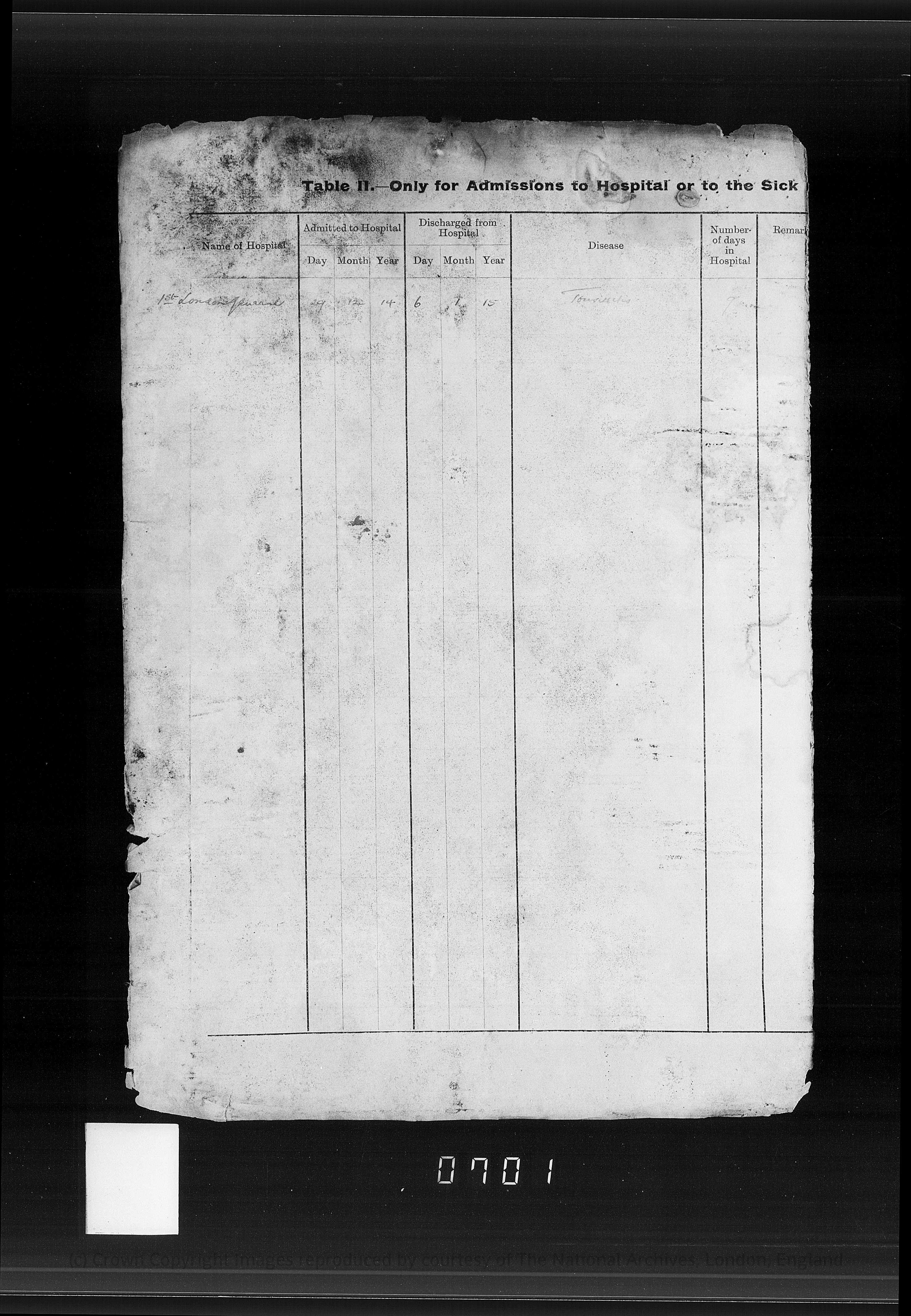 00703: in hospital, tonsilitis 29 December 1914 - 6 January 1915