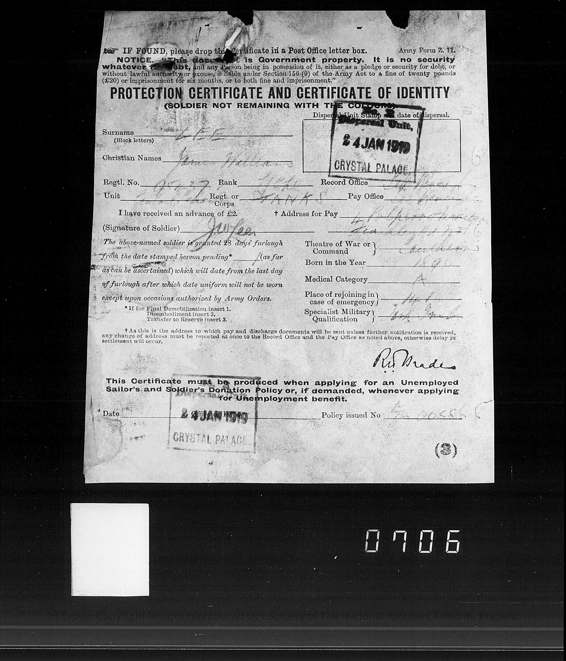 00708: discharge certificate 21 January 1919