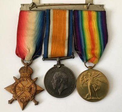 Jim Lee's medals: Star World War One Medal, British War Medal, & Victory Medal (known as Pip, Squeak & Wilfred after the Daily Mirror comic strip)