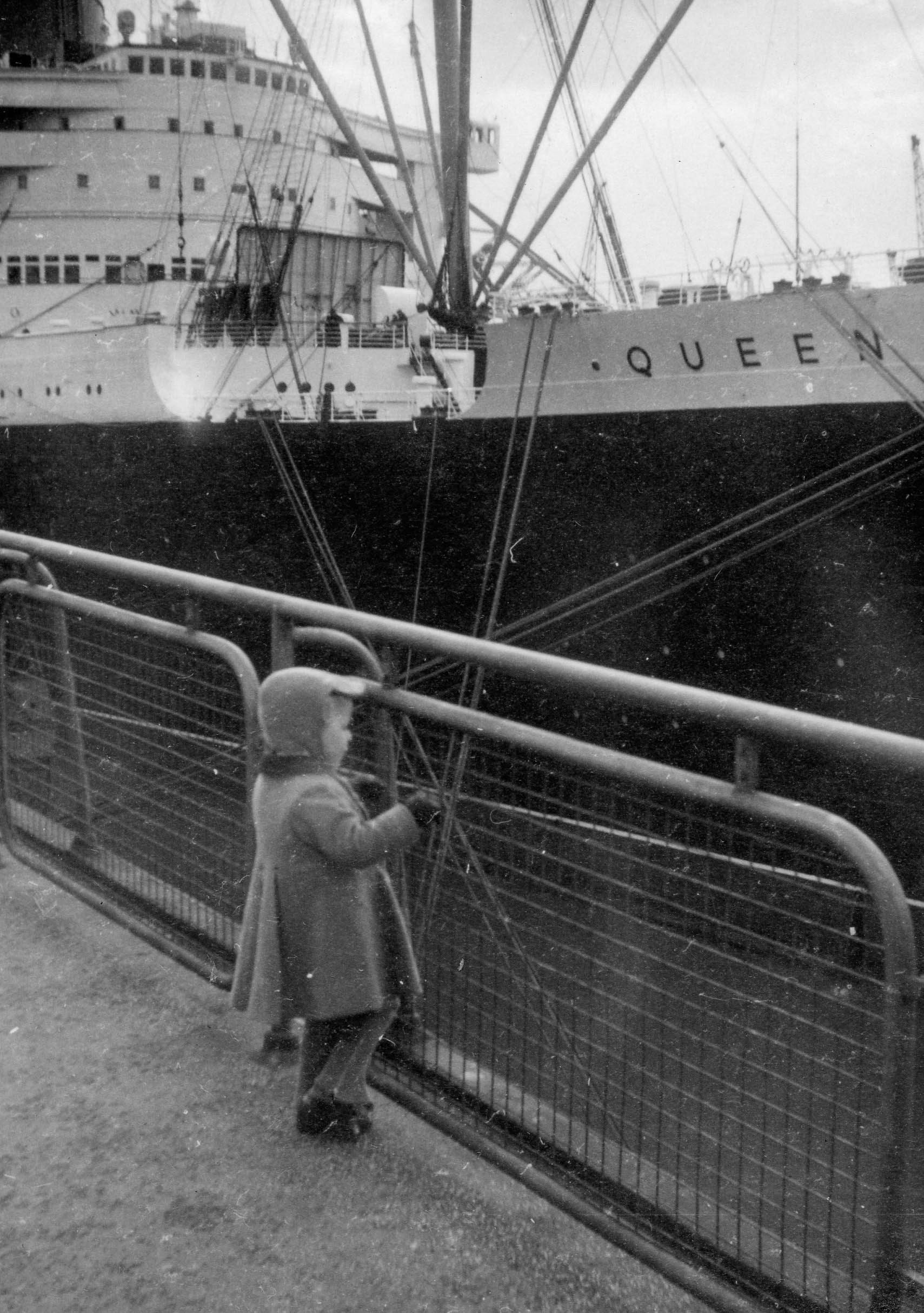 Paul Spurgeon at Southampton to meet his grandparents on the Queen Mary, 13 February 1952