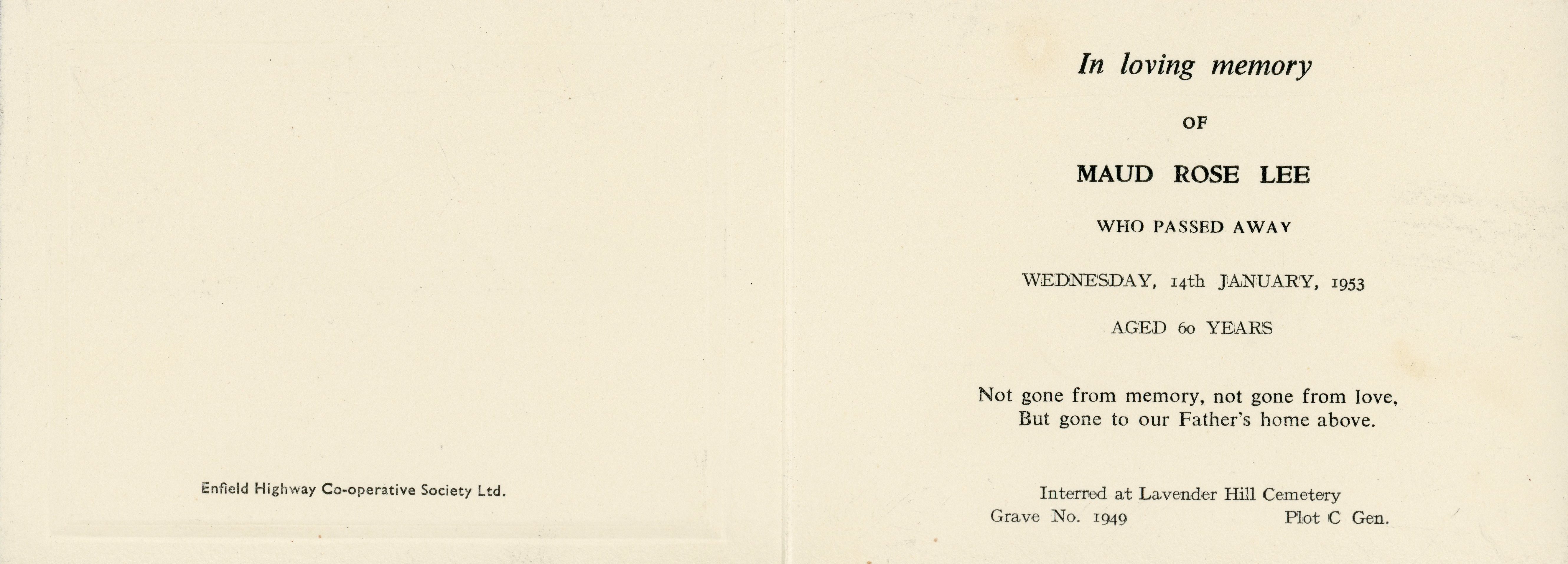 In loving memory of Maud Rose Lee, 14 January 1953