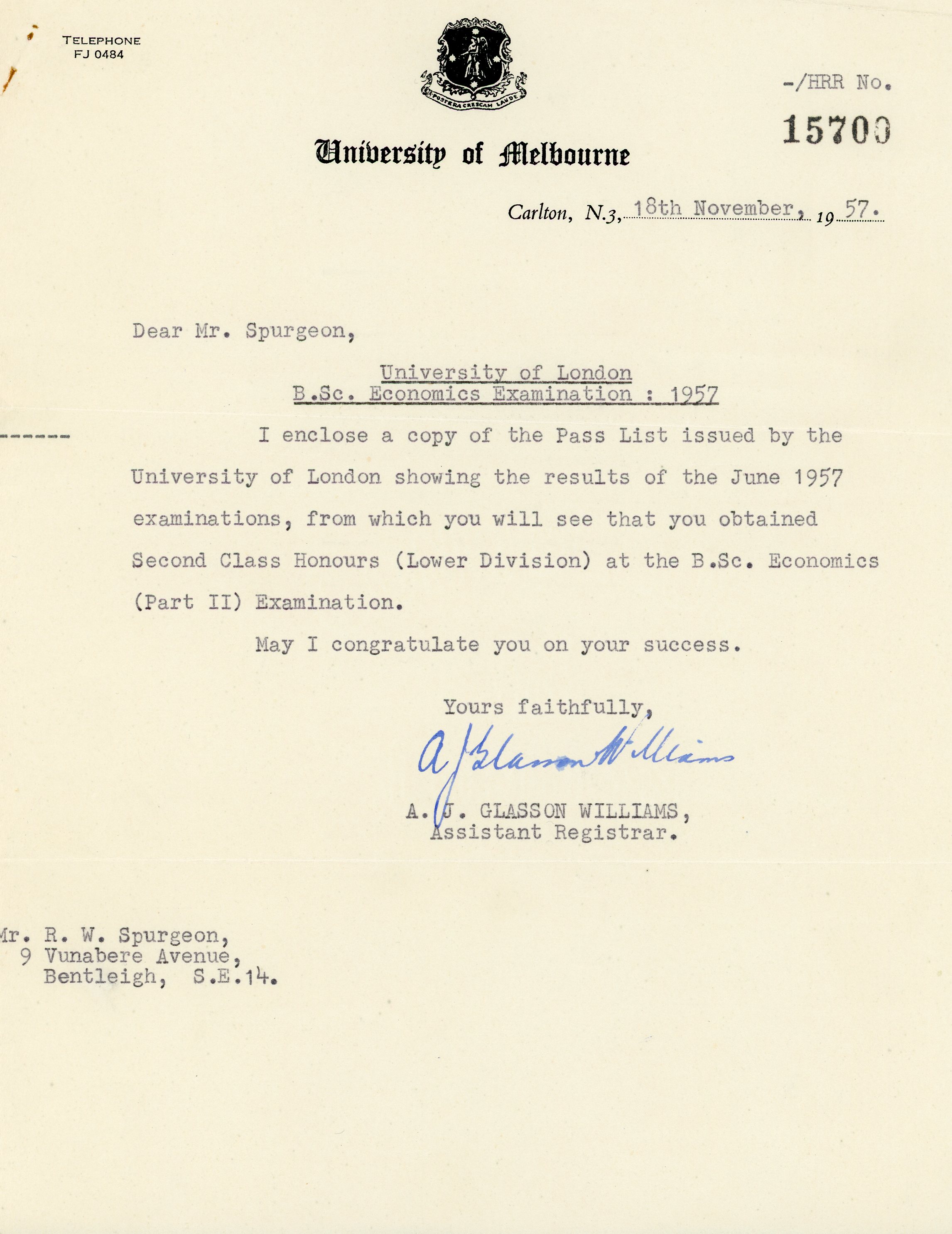 University of Melbourne B.Sc. Econ letter (18 November 1957)