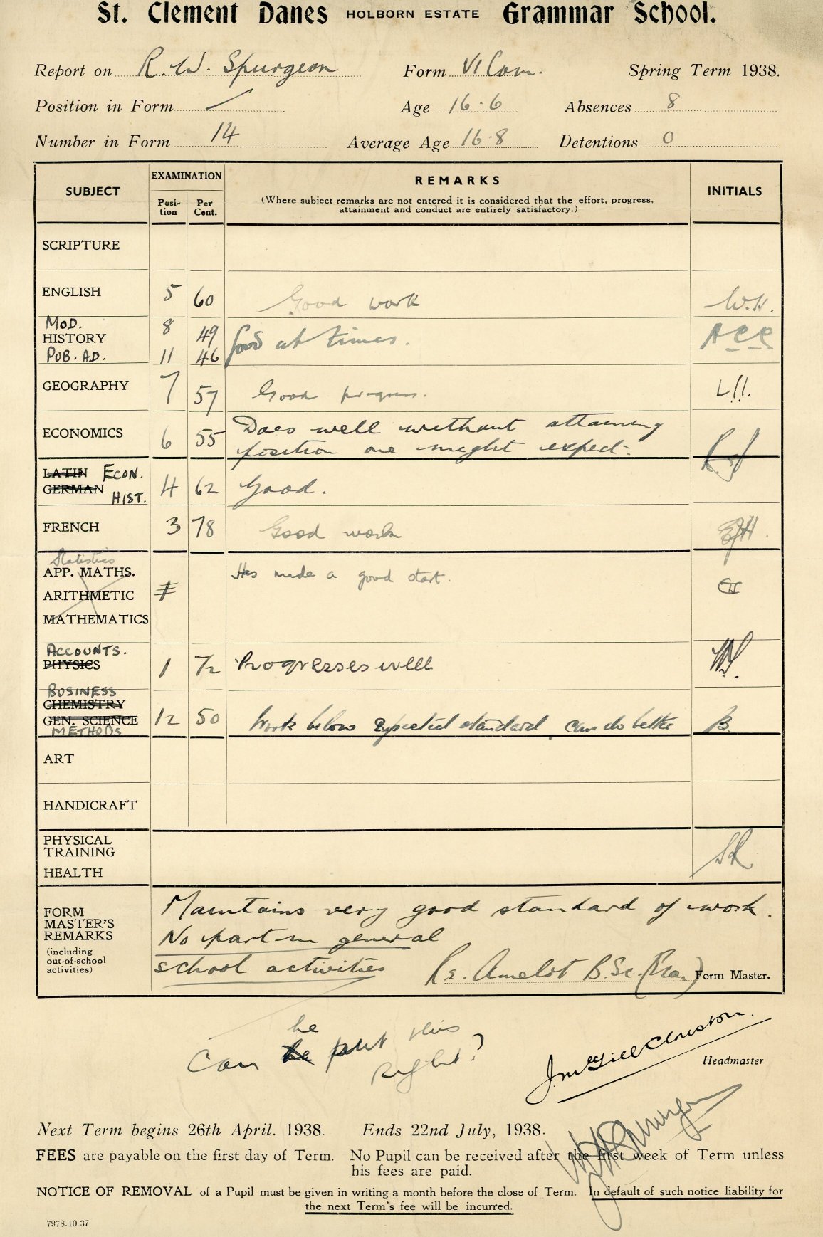St.Clement Danes Grammar School: sixth form report (Spring 1938)
