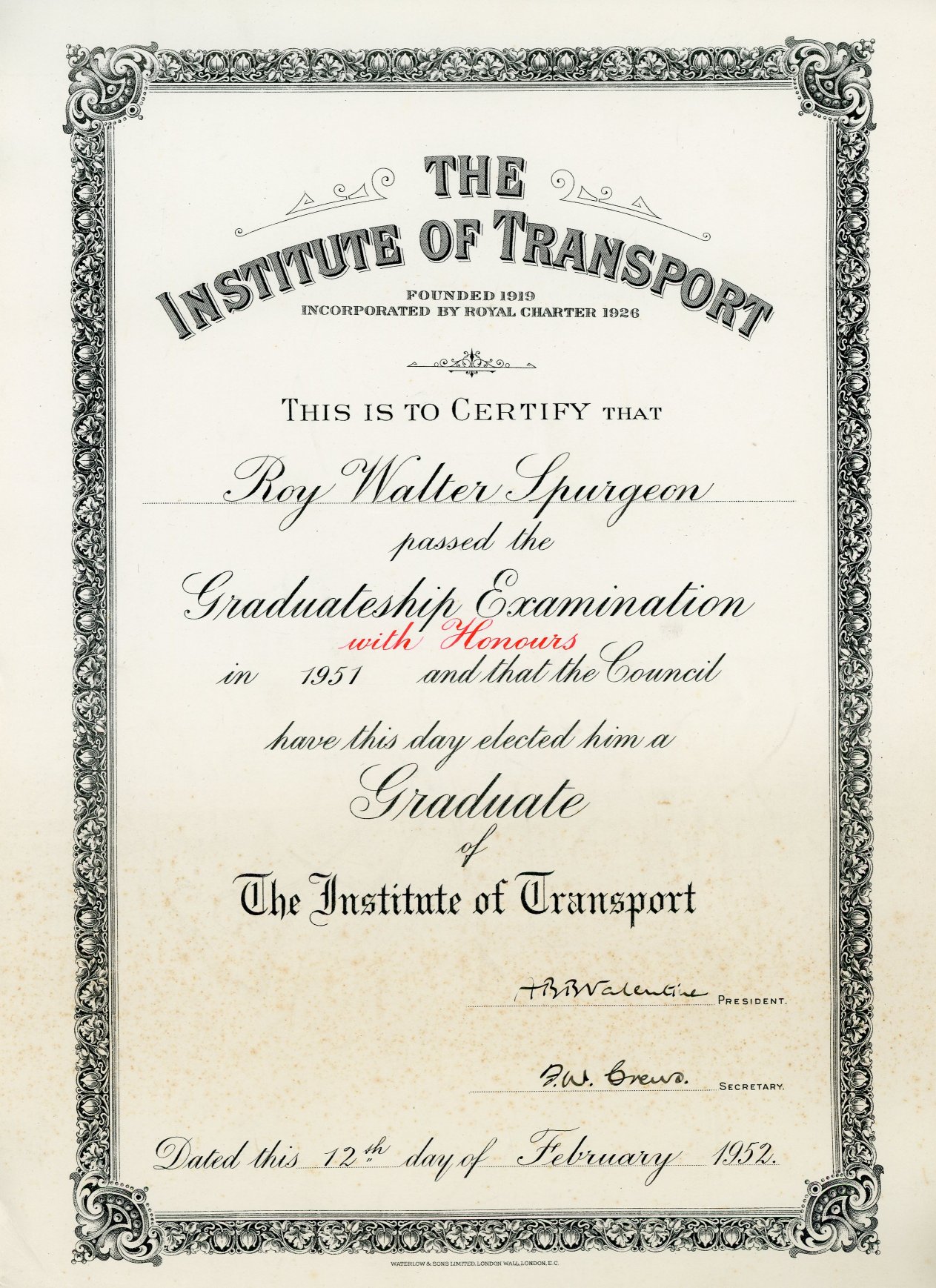 Institute of Transport: graduation (12 February 1952)
