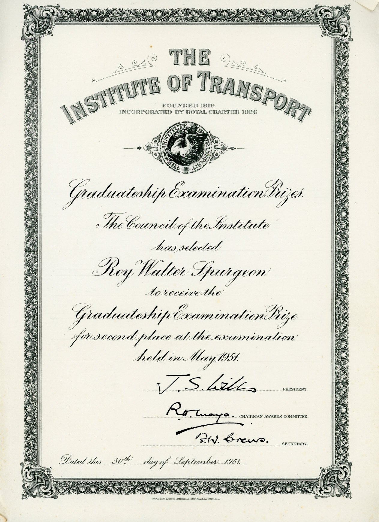 Institute of Transport: graduateship examination prize (30 September 1951)