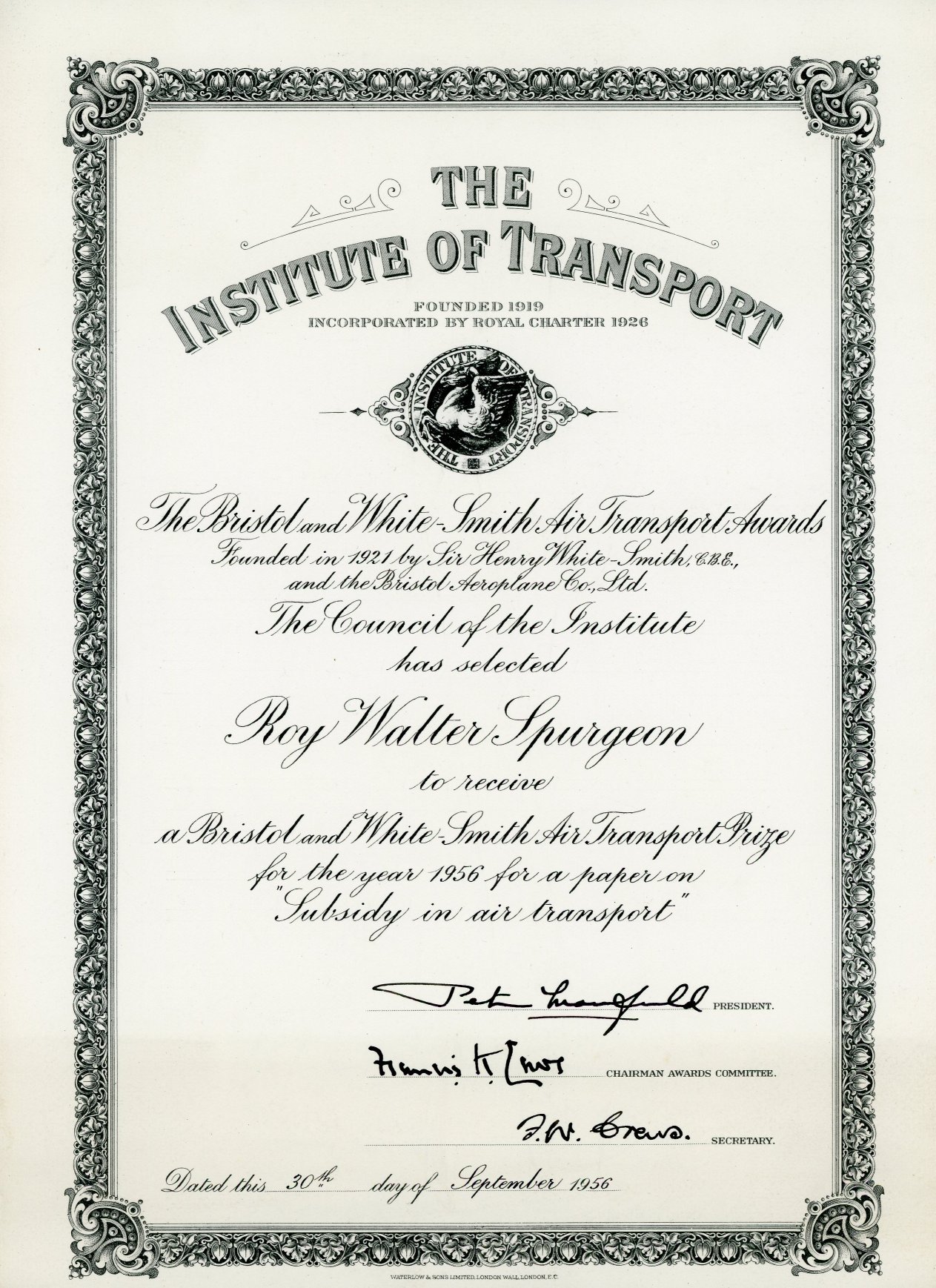Institute of Transport: Bristol & White-Smith Air Transport Prize (30 September 1956)