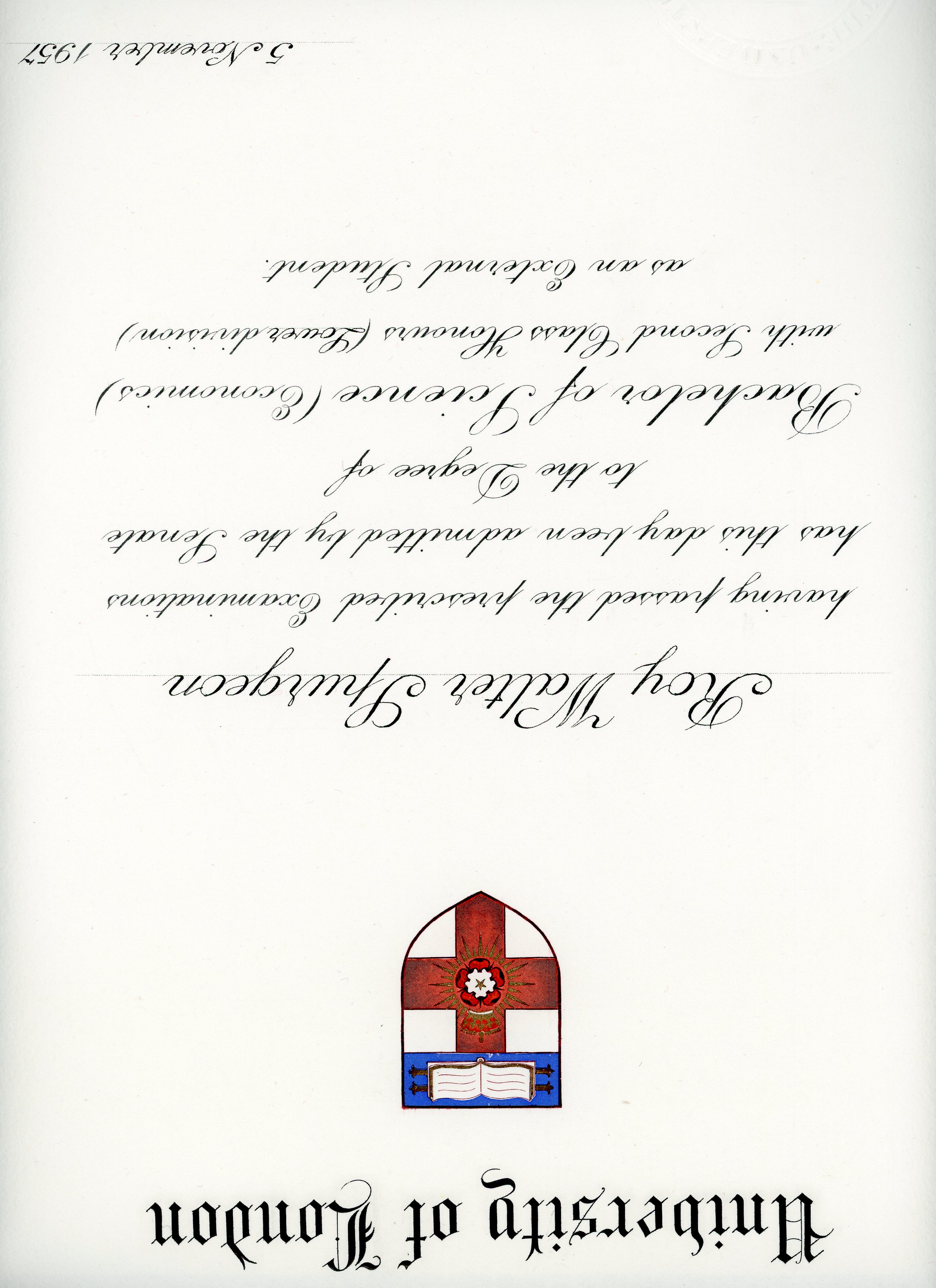 University of London: B.Sc. Econ (5 November 1957)