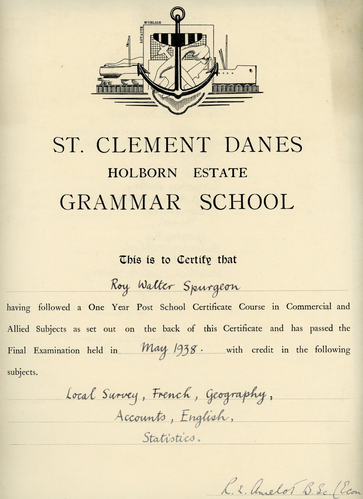 St.Clement Danes Grammar School: post School Certificate course in Commercial & Allied Subjects Final Exam (May 1938)