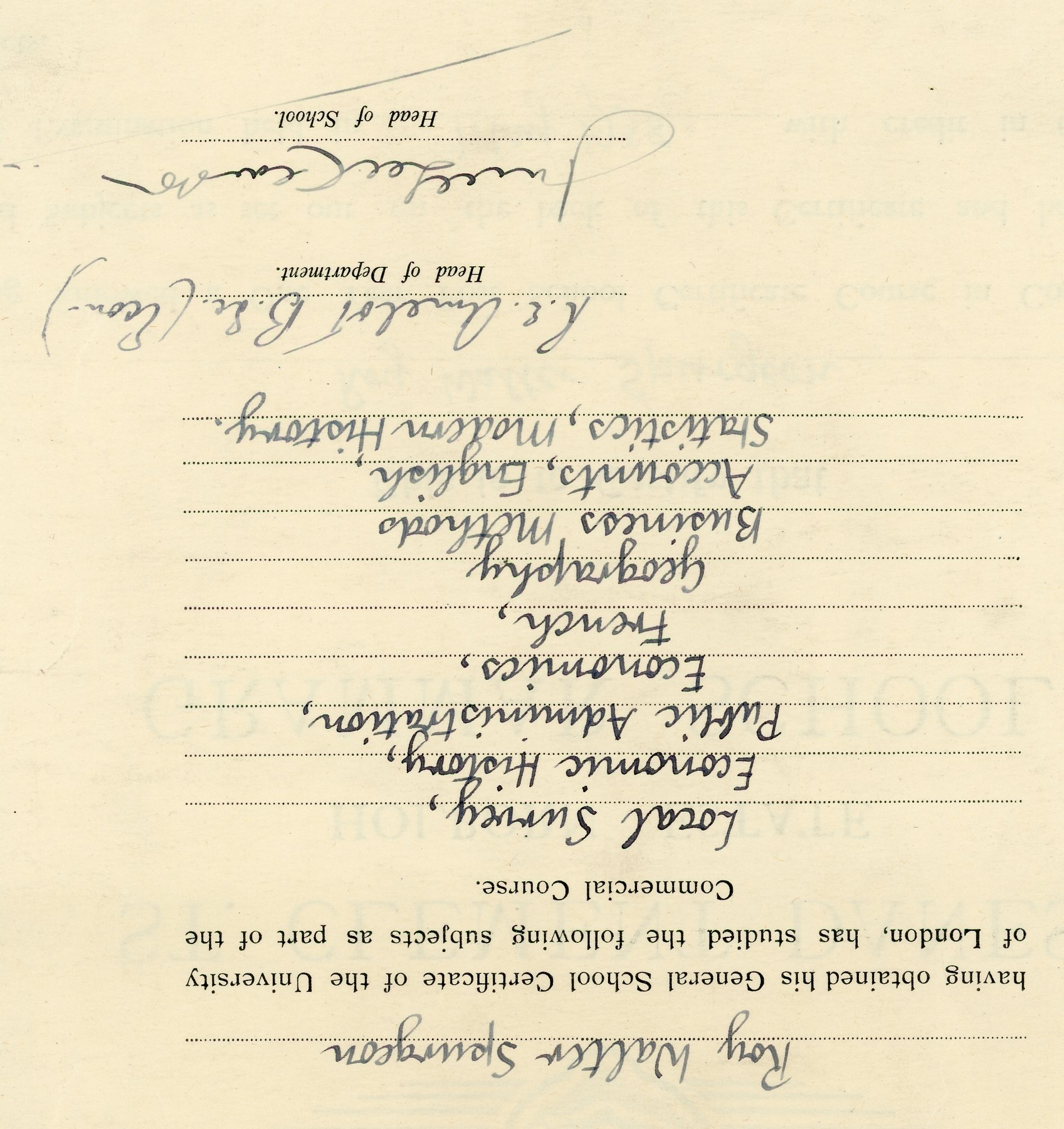 St.Clement Danes Grammar School: post School Certificate course subject list (May 1938)