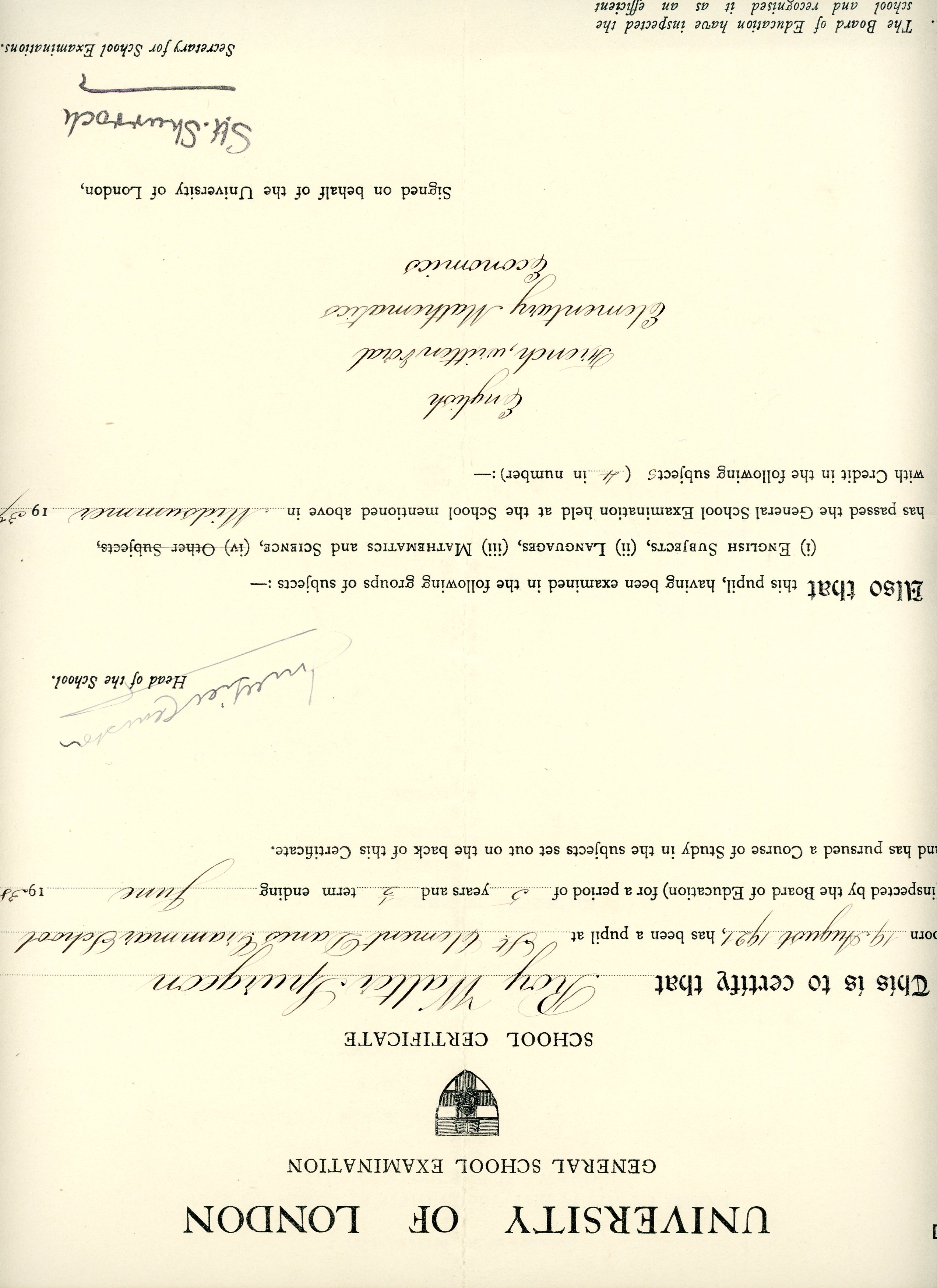 St.Clement Danes Grammar School: General School Examination, School Certificate, University of London (June 1938)