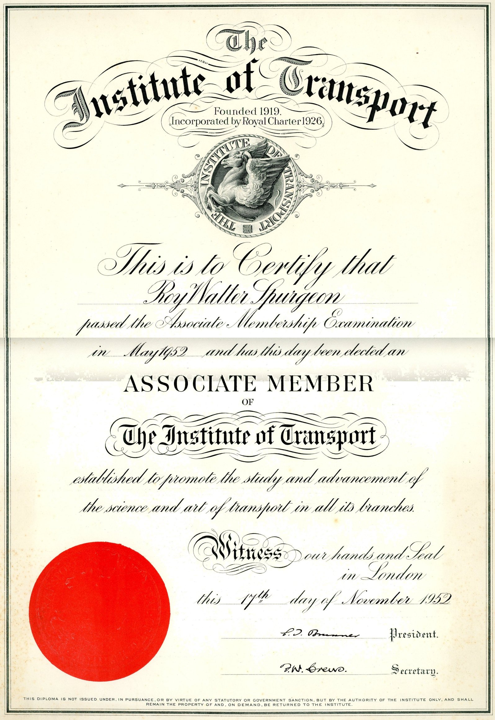 Institute of Transport: Associate Membership (17 November 1952)