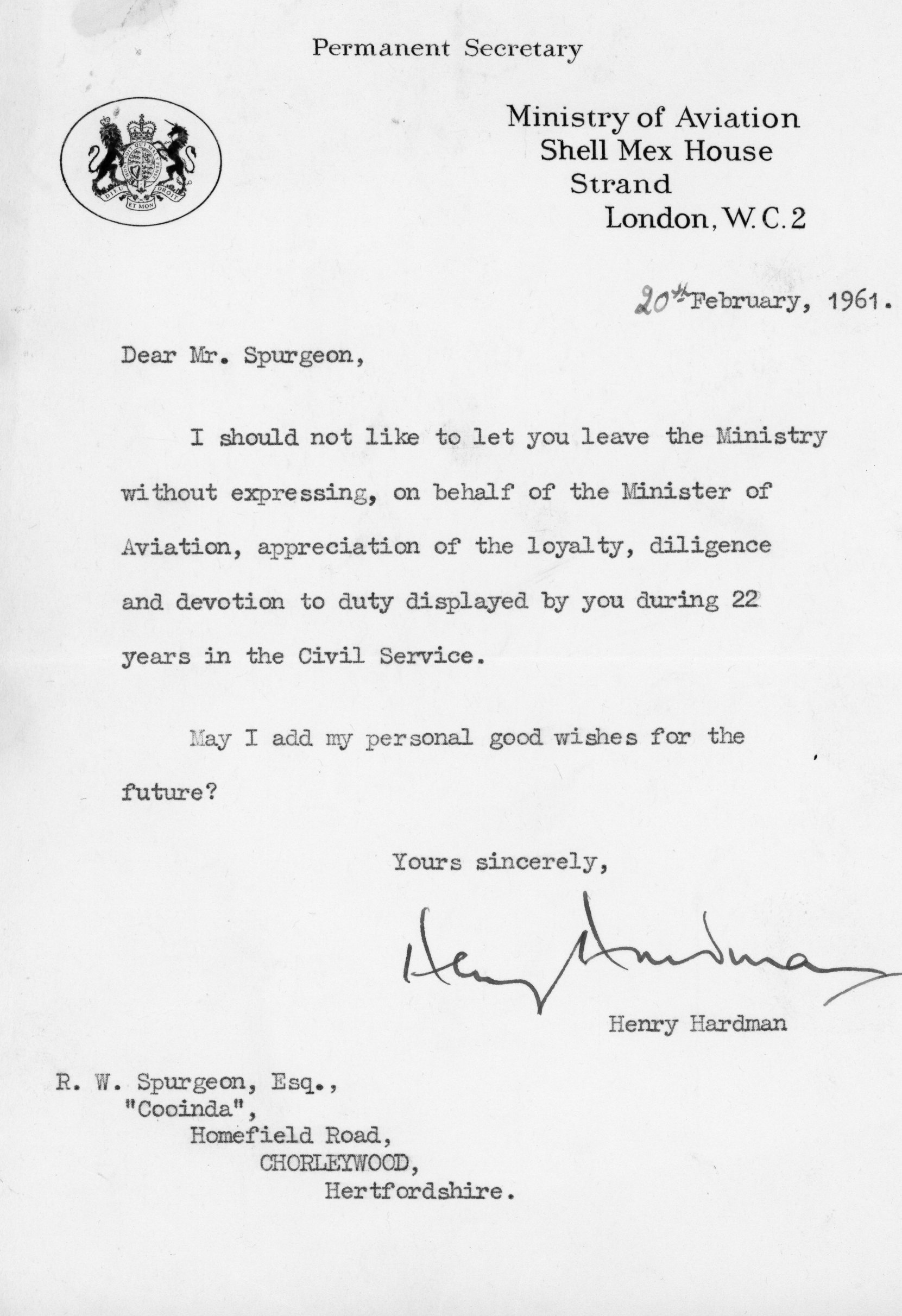 Ministry of Aviation: Civil Service leaving letter (20 February 1961)