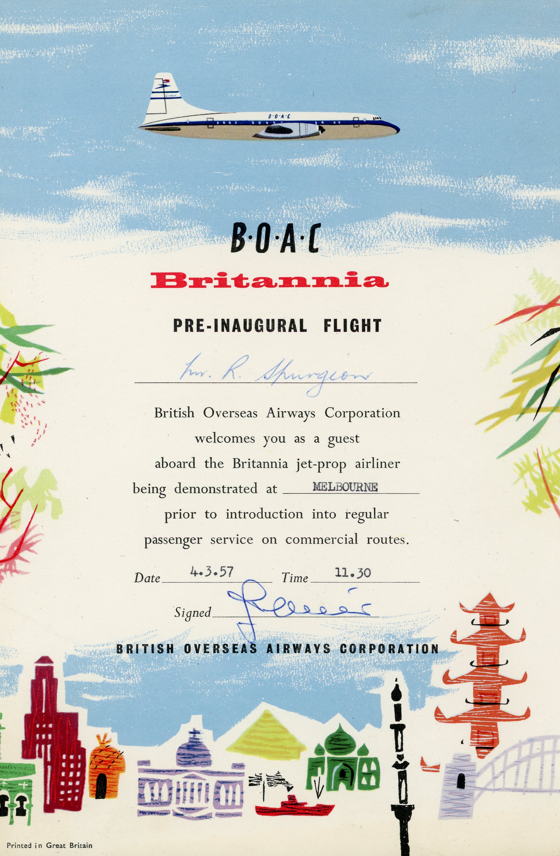 BOAC Brittania pre-inaugural flight (4 March 1957)