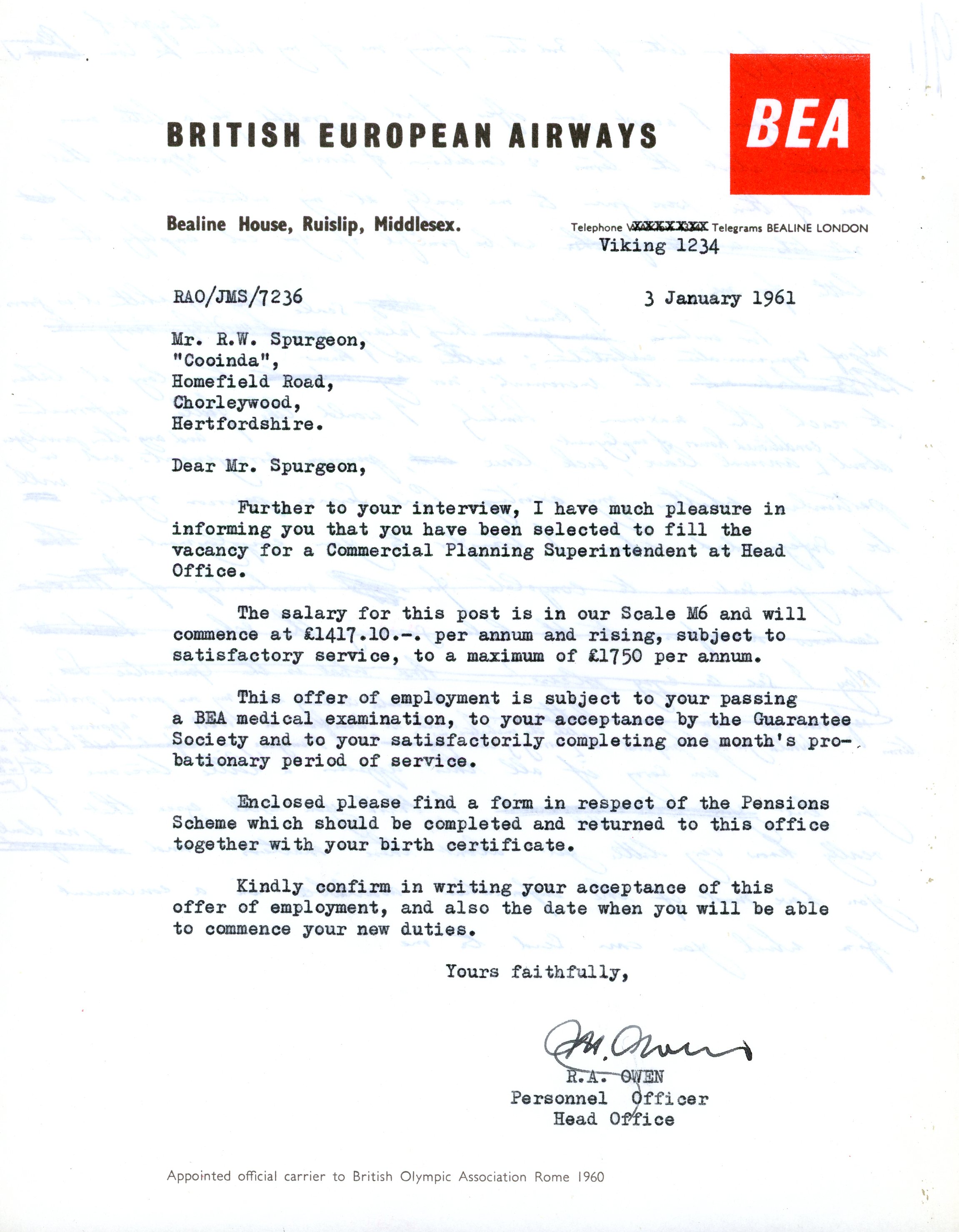 BEA: Commerical Planning Superintendent appointment letter (3 January 1961)