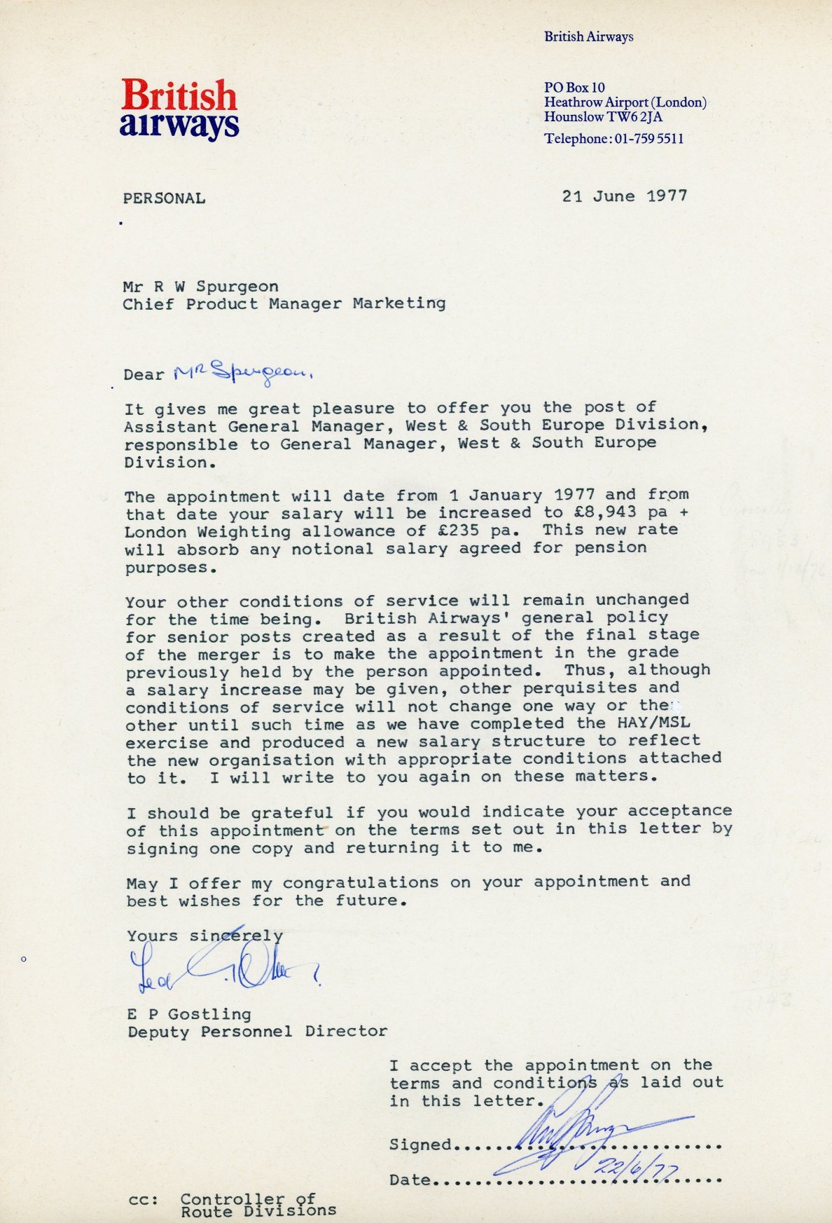 British Airways: Assistant General Manager, West & South Europe Division, appointment letter (21 June 1977)