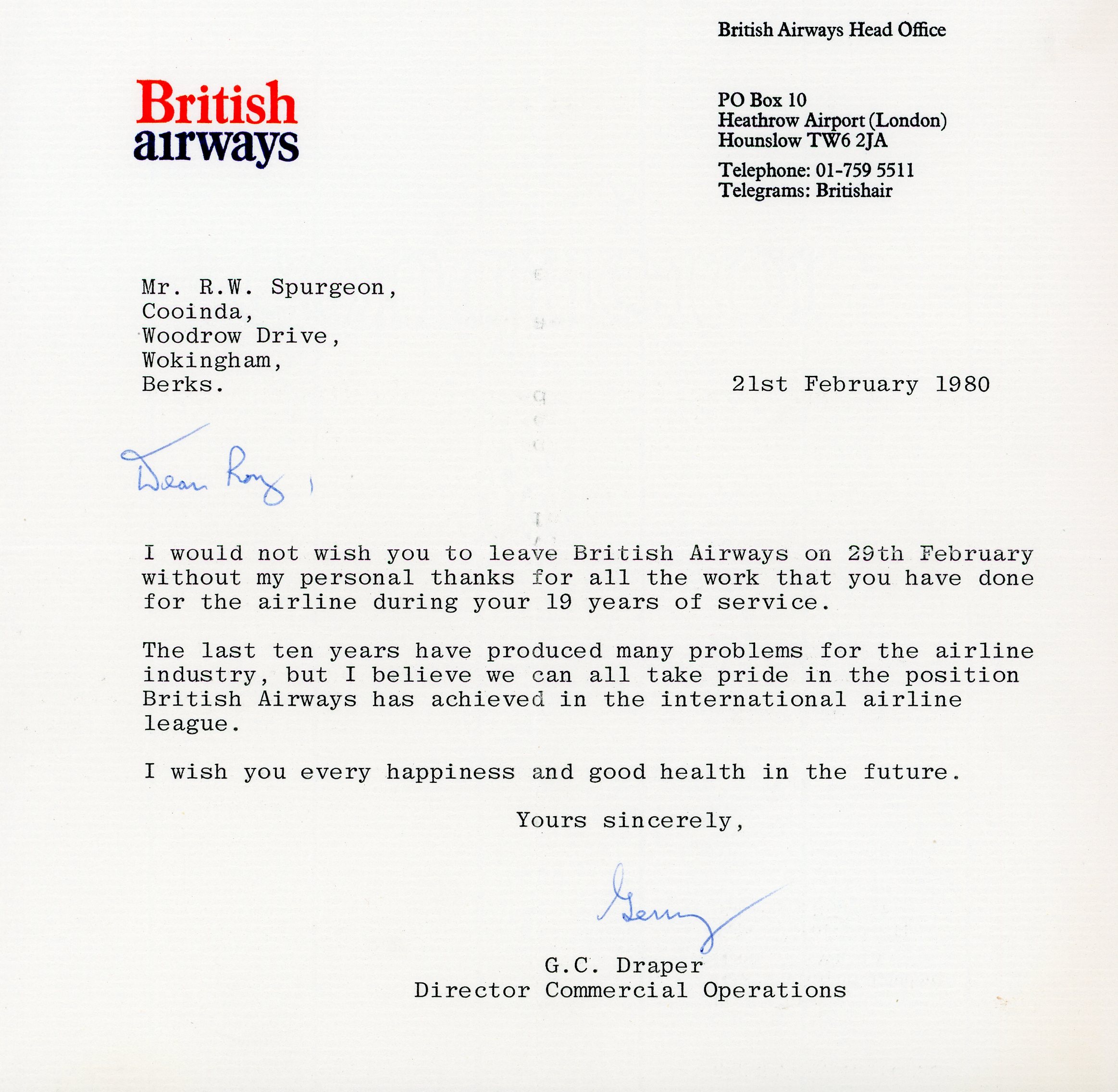 British Airways: leaving letter (21 February 1980)