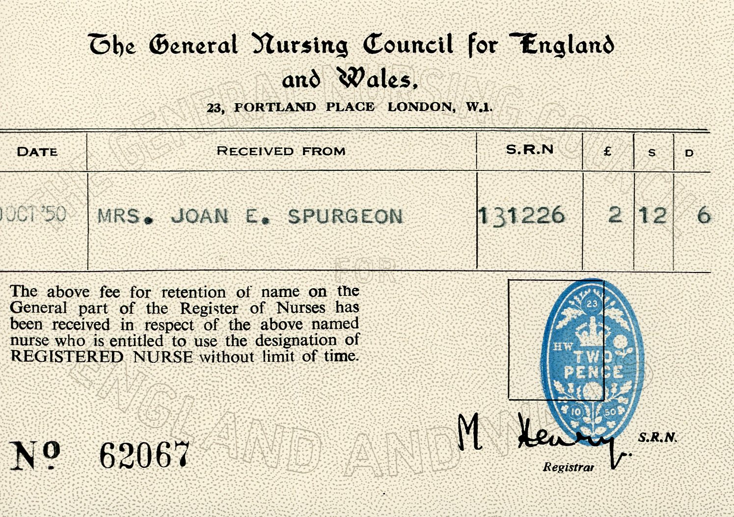 General Nursing Council for England & Wales: registration fee (10 October 1950)