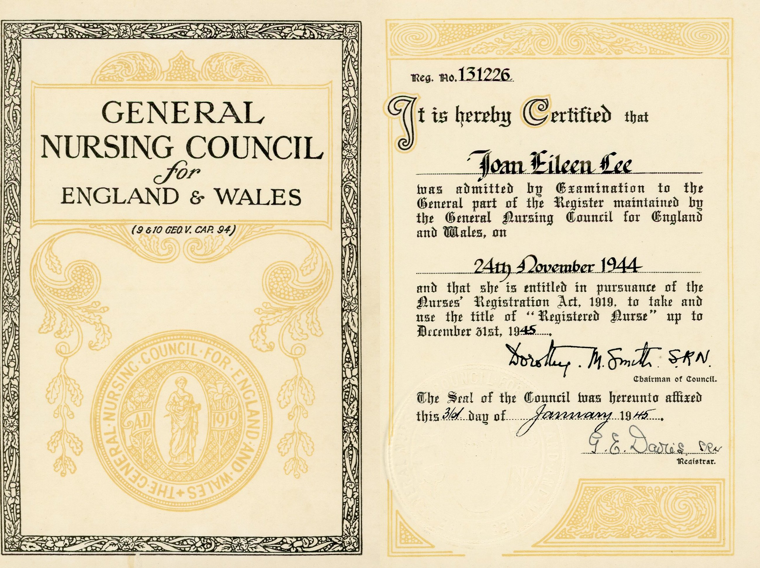 General Nursing Council for England & Wales: Nursing Certificate (24 November 1944)