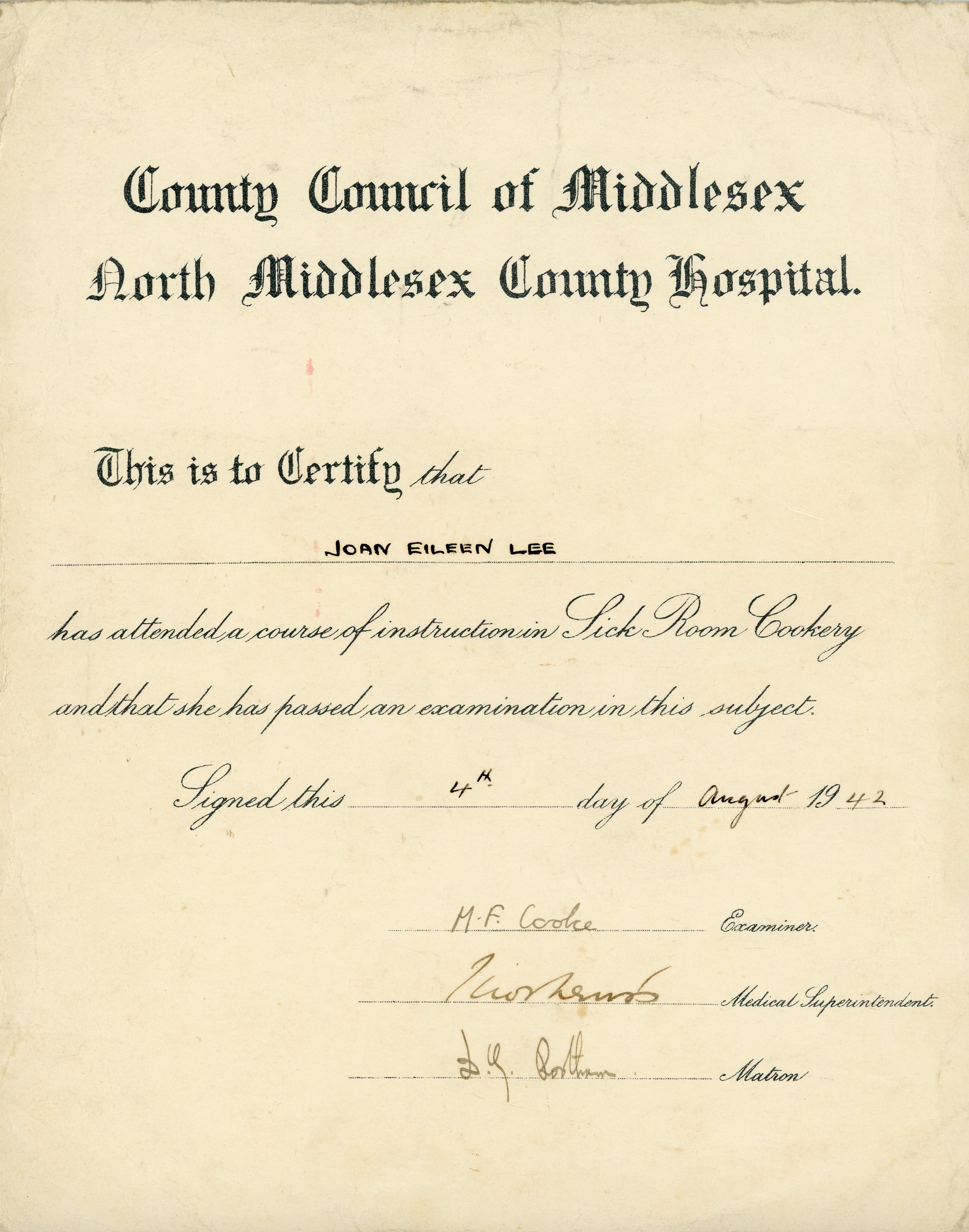 North Middlesex County Hospital: Sick Room Cookery (4 August 1942)