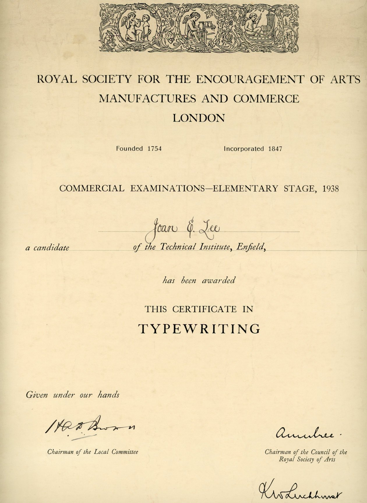 Royal Society for the Encouragement of Arts Manufactures & Commerce: Certificate in Typewriting (1938)