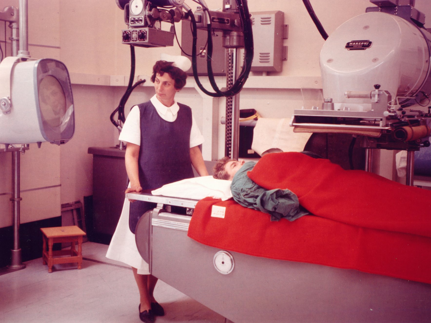 Joan Spurgeon with radiography equipment at Harefield Hospital