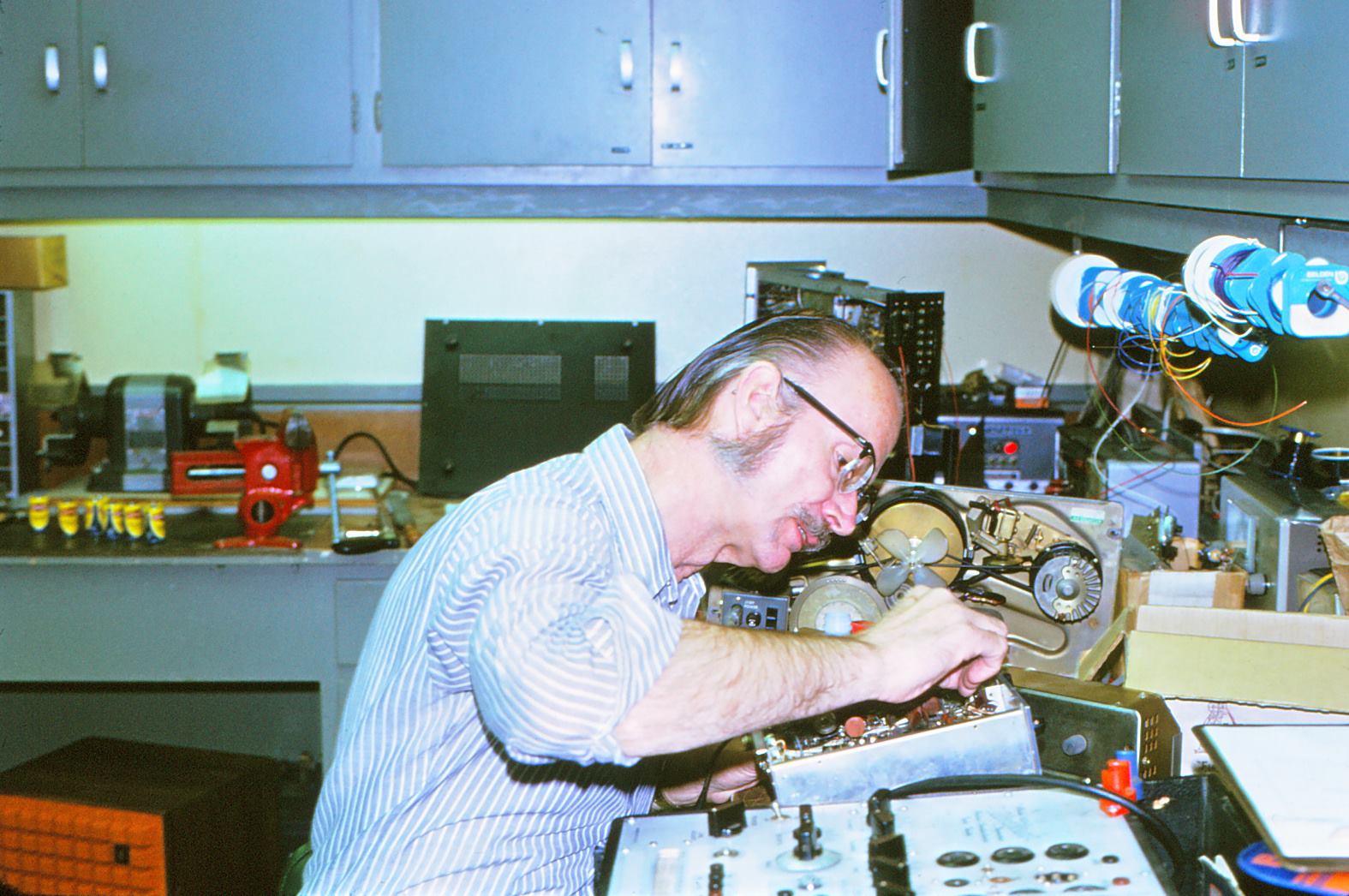 Art Rekedal, tech at KNEW/KEWB, Apri 1974 at 66 Jack London Square, Oakland