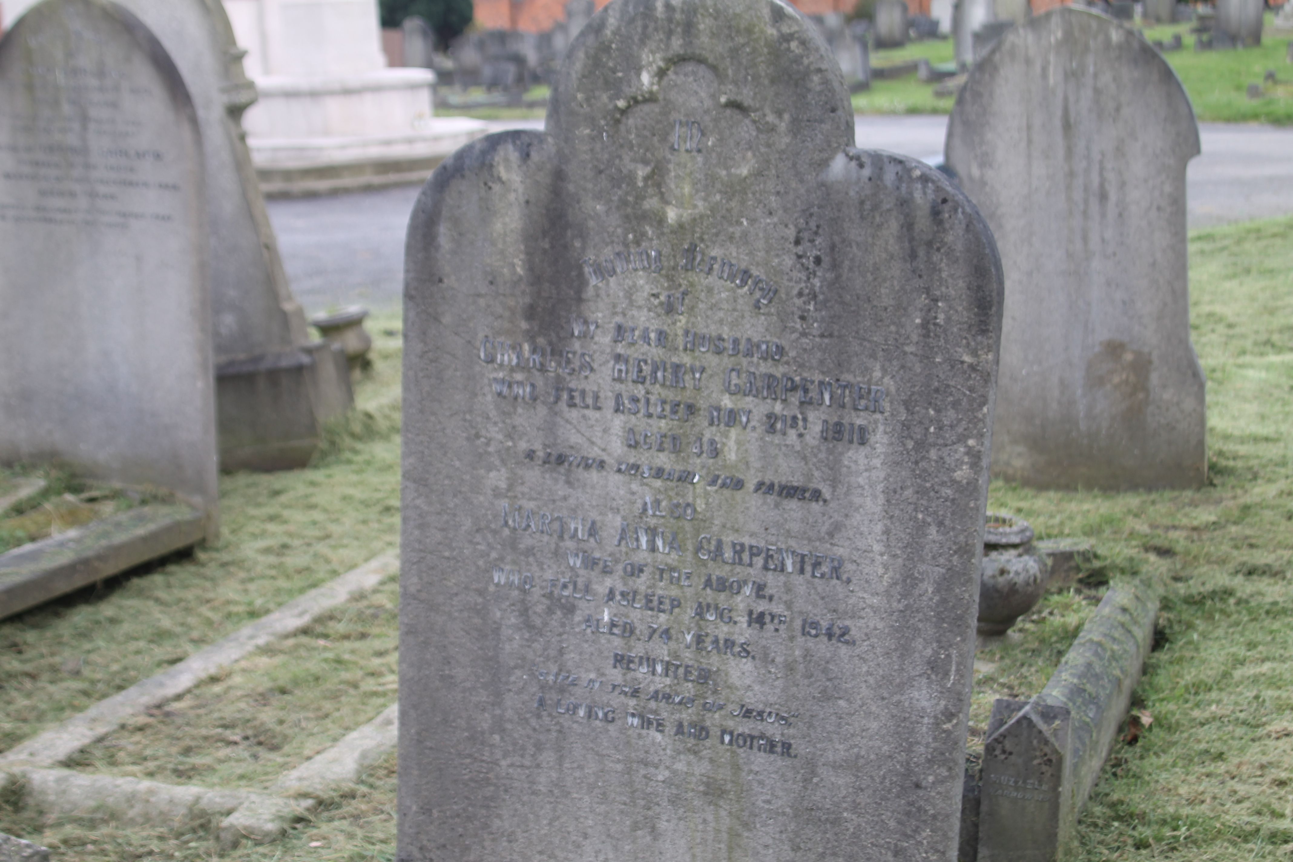 Grave of Charles Henry Carpenter, died 21/11/1910 age 48, & Martha Anna Carpenter, died 14/8/1942 age 74, at Willesden Cemetry, Brent, London