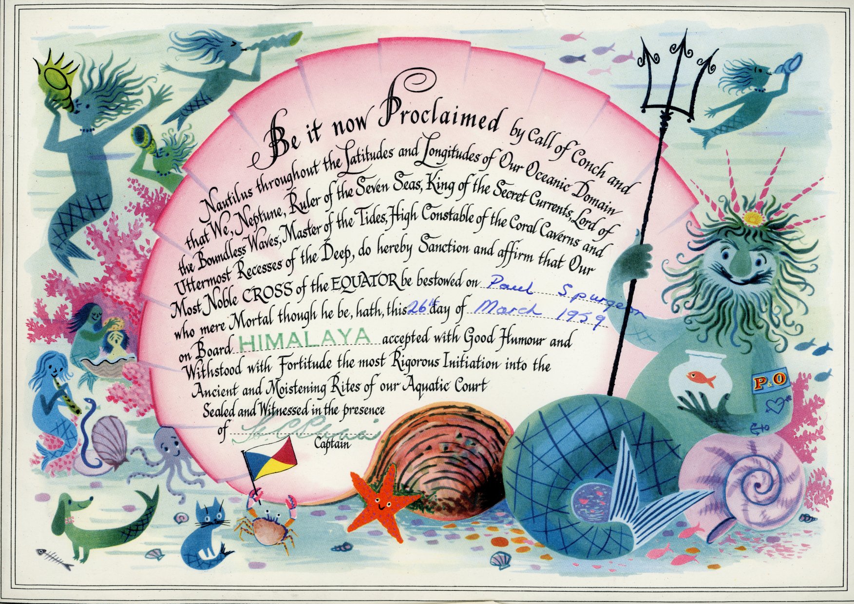 Paul's 'Crossing the Line' certificate, Pacific Ocean, 26 March 1959