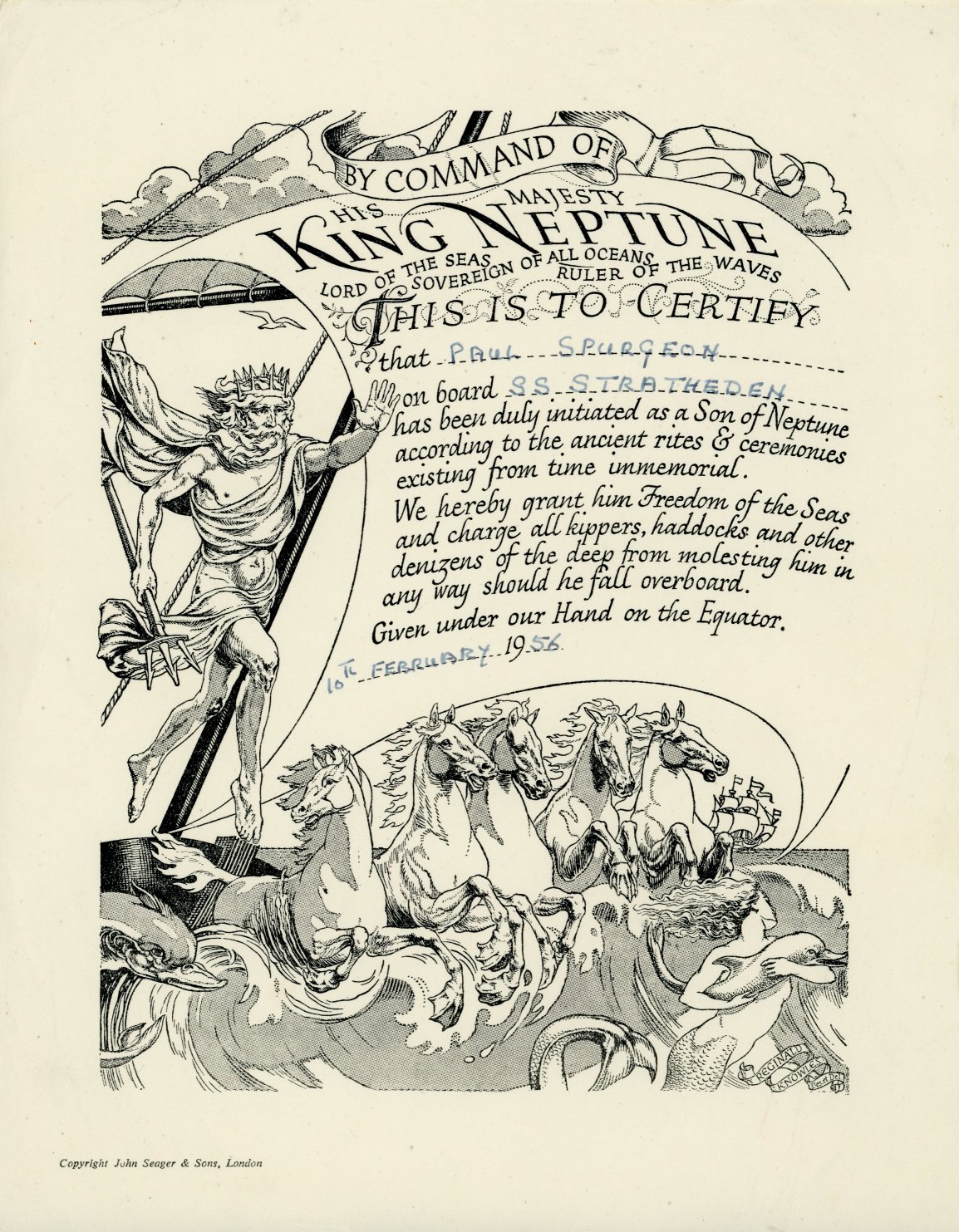 Paul's 'Crossing the Line' certificate, Indian Ocean, 10 February 1956