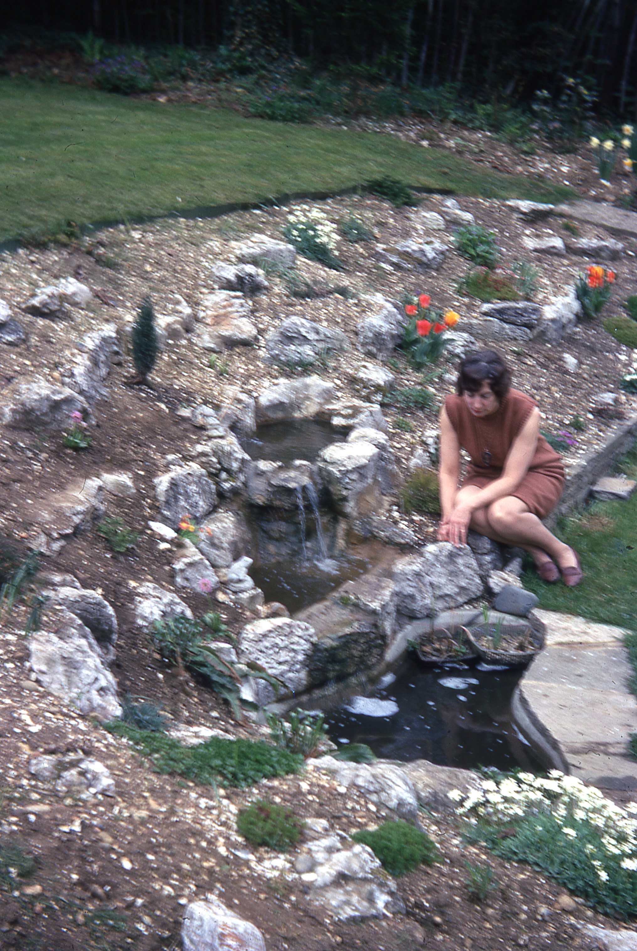 Joan beside the garden pond, spring 1969