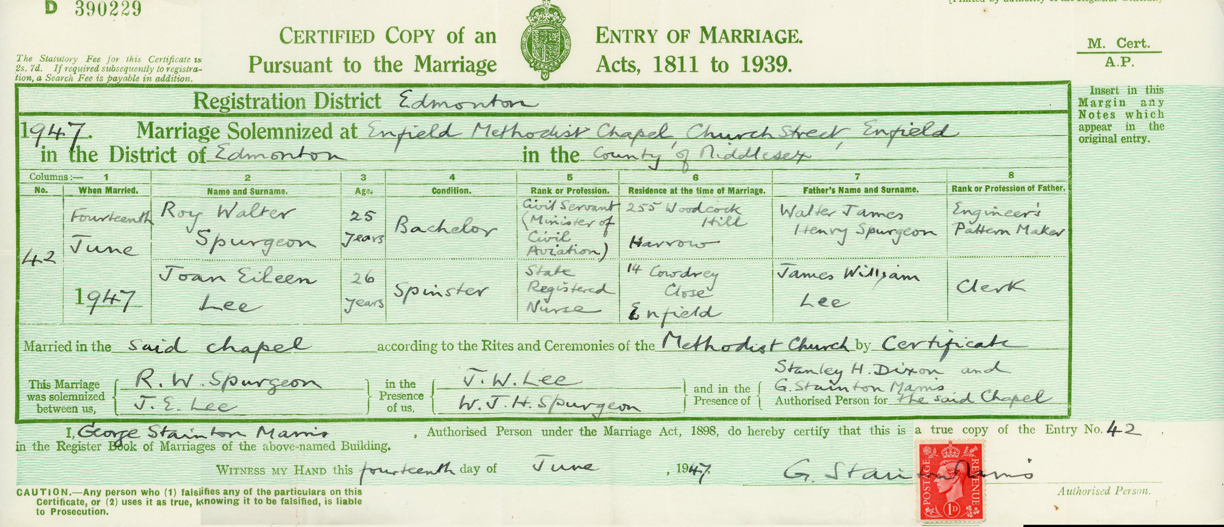 Roy & Joan Spurgeon's marriage certificate