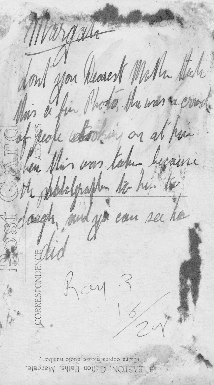 Message from Walter Spurgeon to his mother Sarah, about 1923