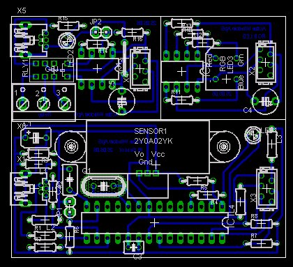 PCB before separation: IR sensor (bottom), RGB LED (top right) & relay (top left)