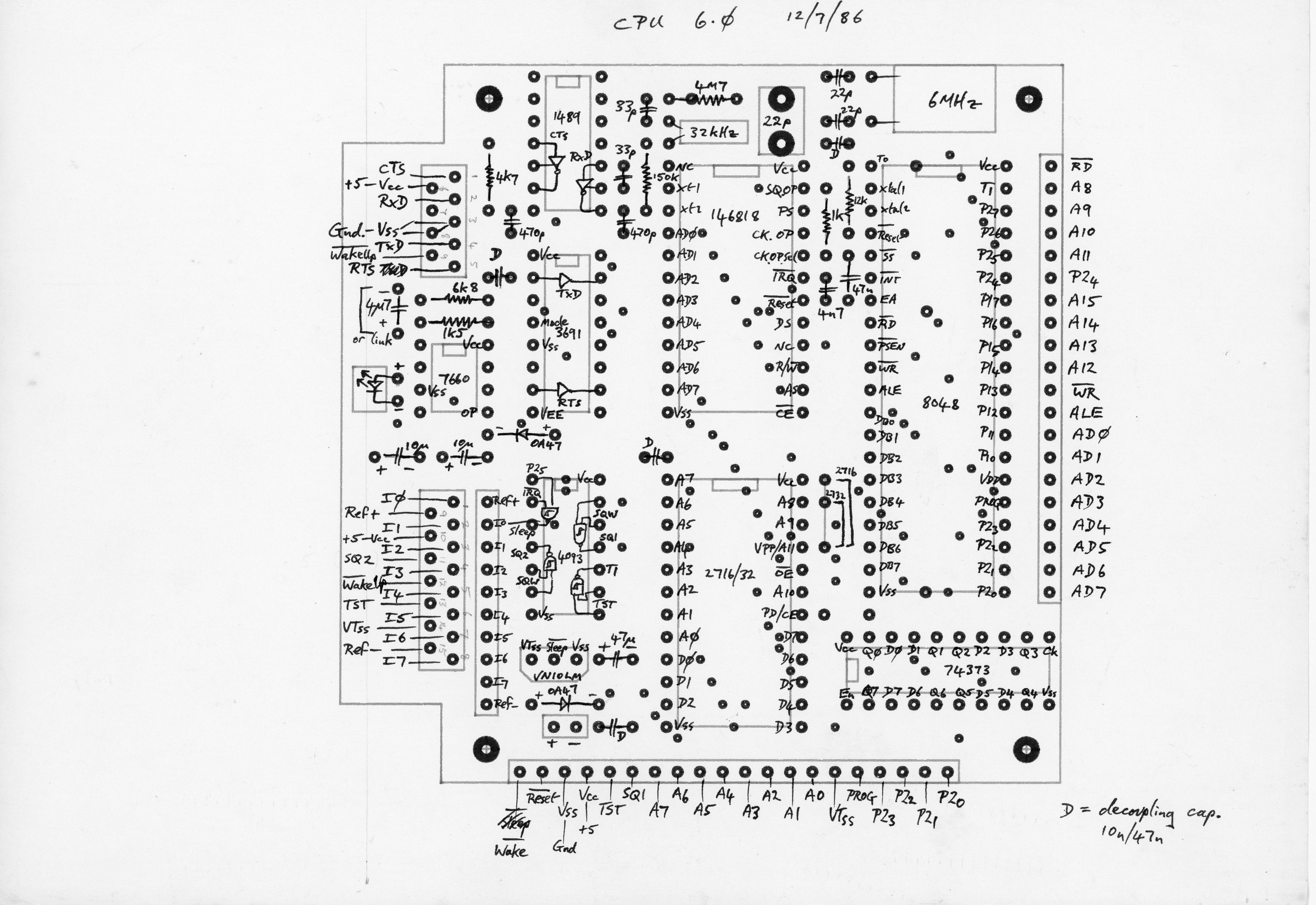Databox version 6 bottom PCB layout with CPU, EPROM, & RTC