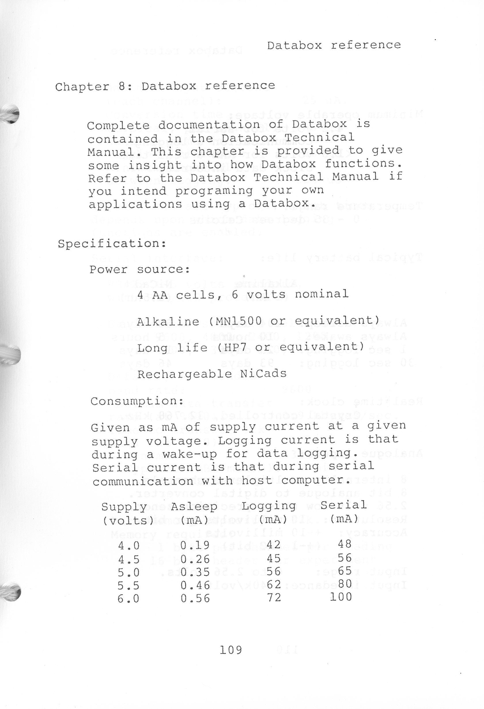 Databox specifications, page 109 (from Databox User Manual, 11/10/1987)