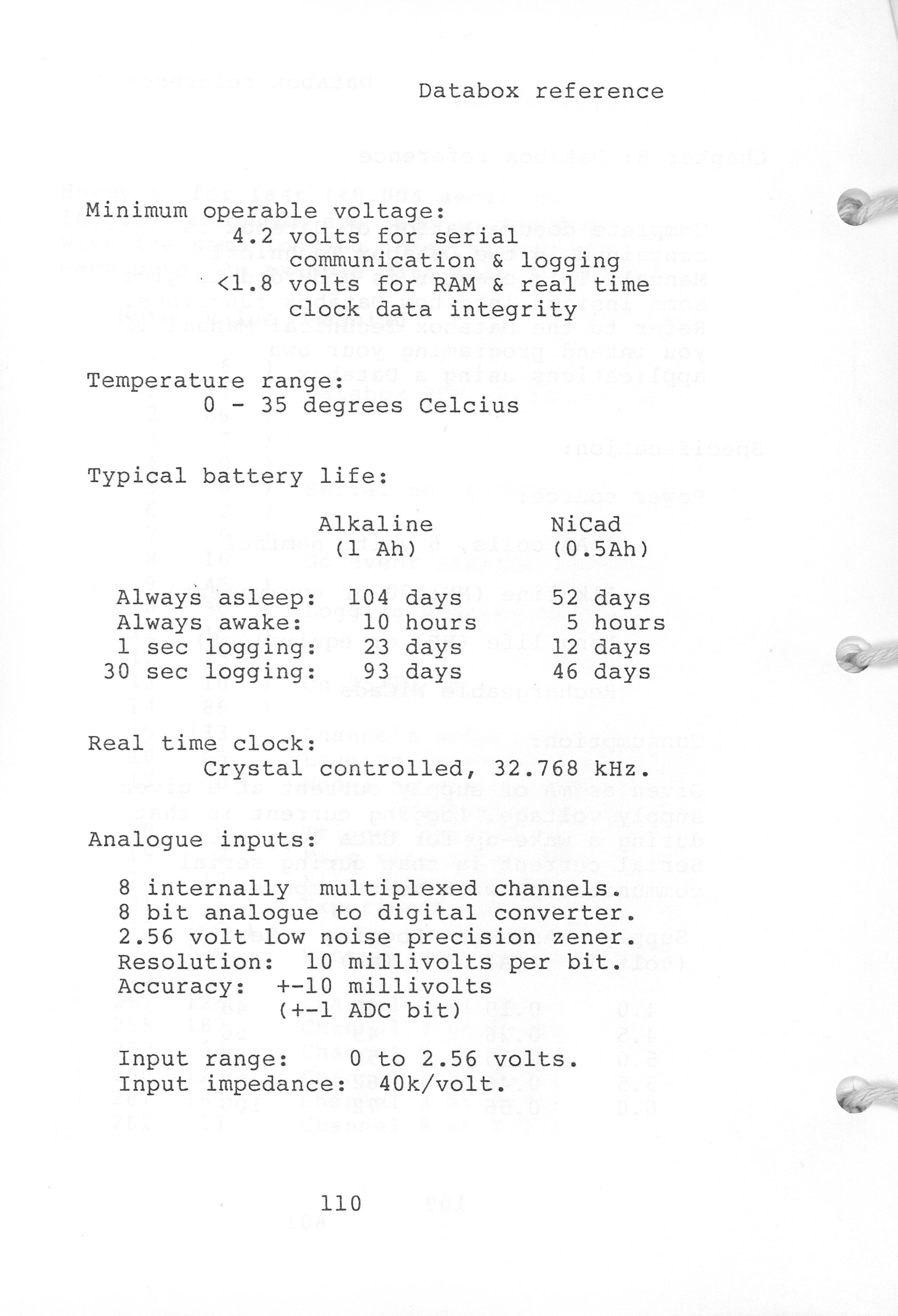 Databox specifications, page 110 (from Databox User Manual, 11/10/1987)
