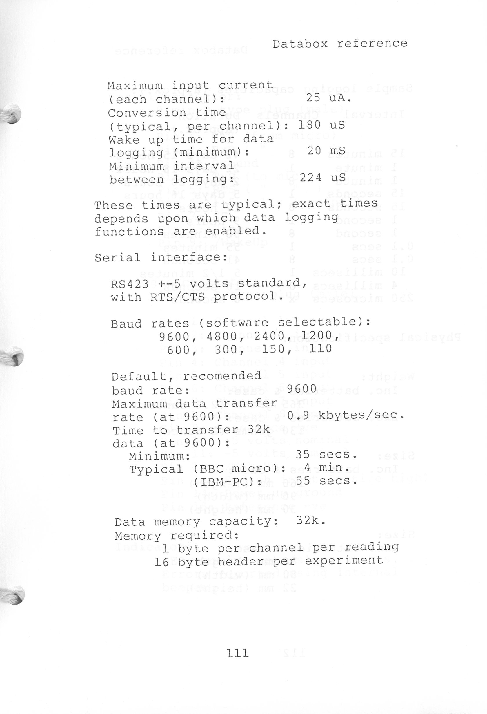 Databox specifications, page 111 (from Databox User Manual, 11/10/1987)