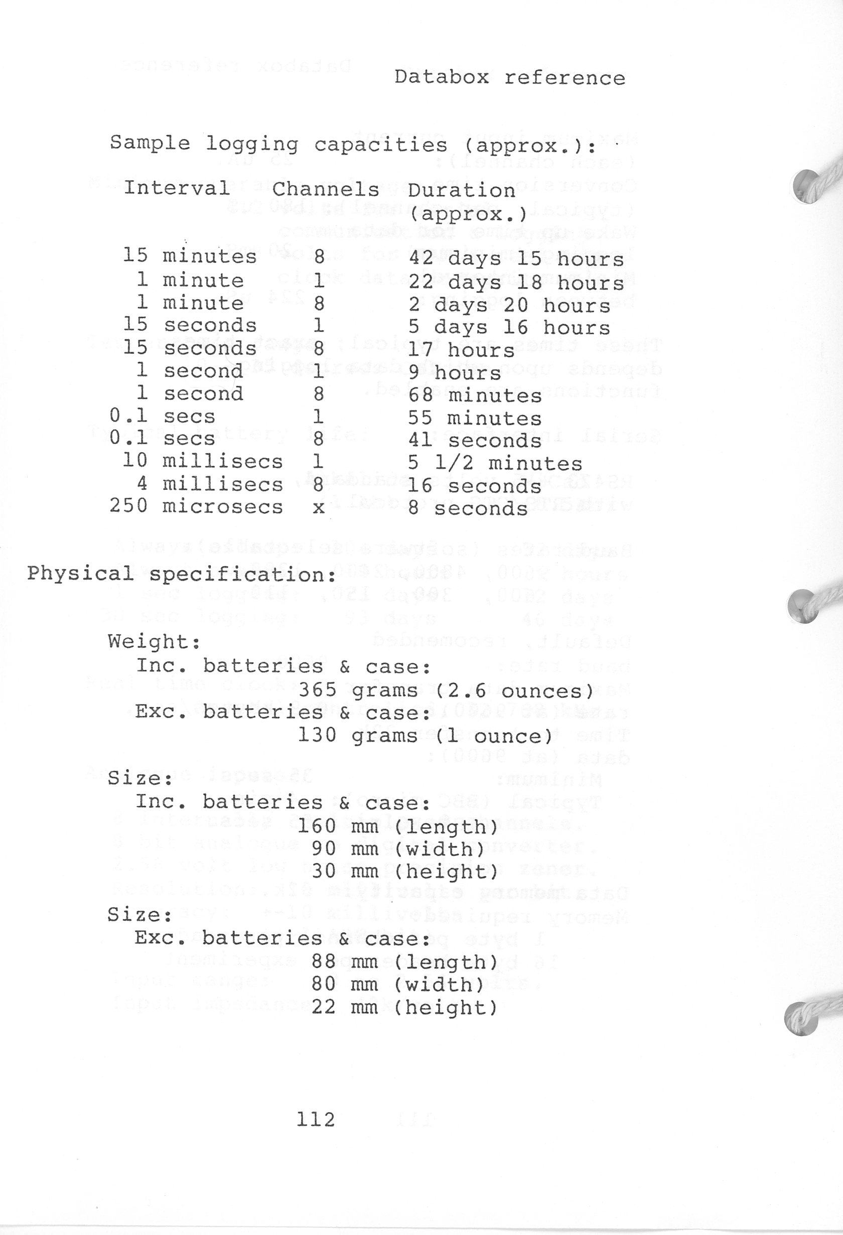 Databox specifications, page 112 (from Databox User Manual, 11/10/1987)