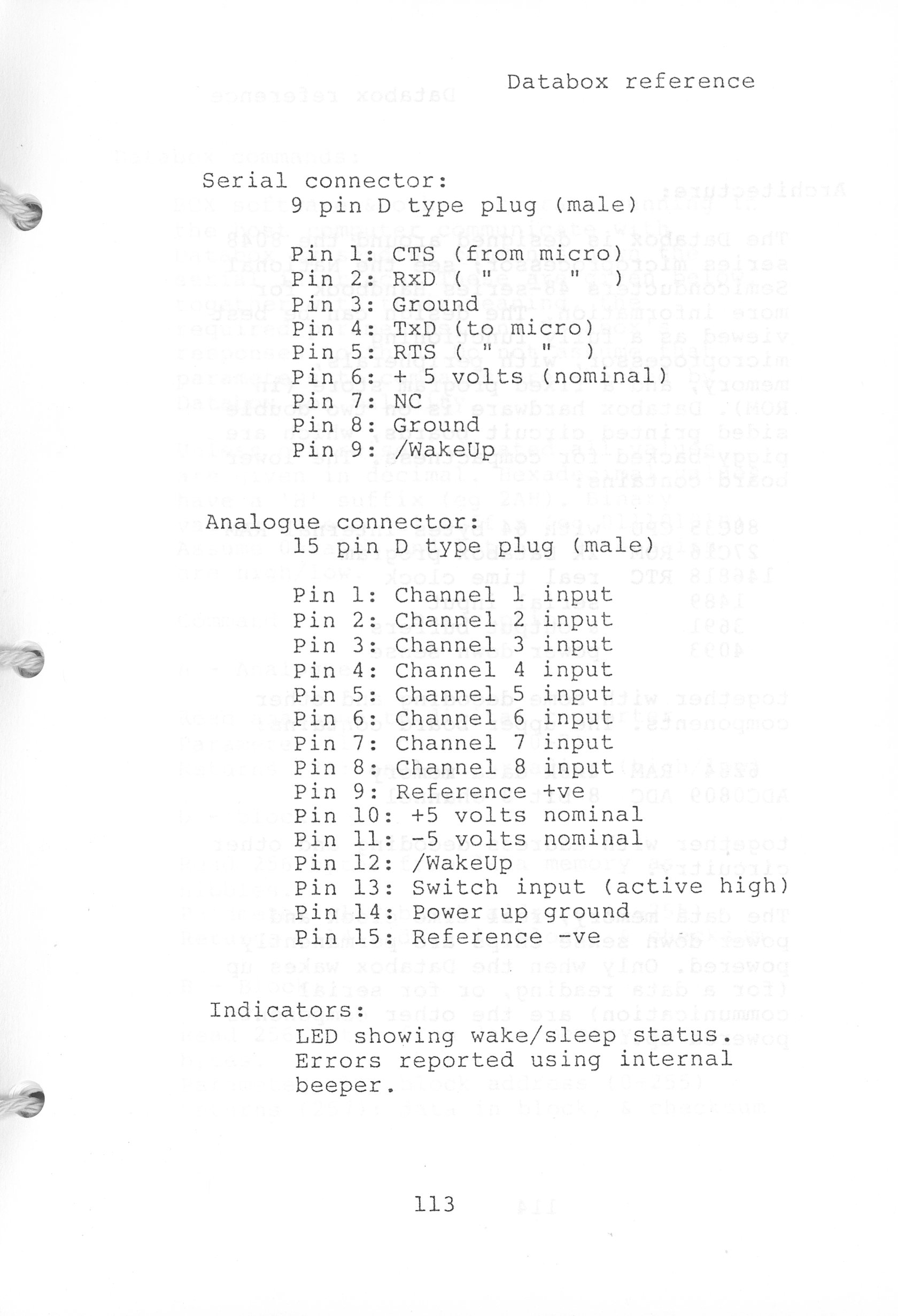 Databox specifications, page 113 (from Databox User Manual, 11/10/1987)
