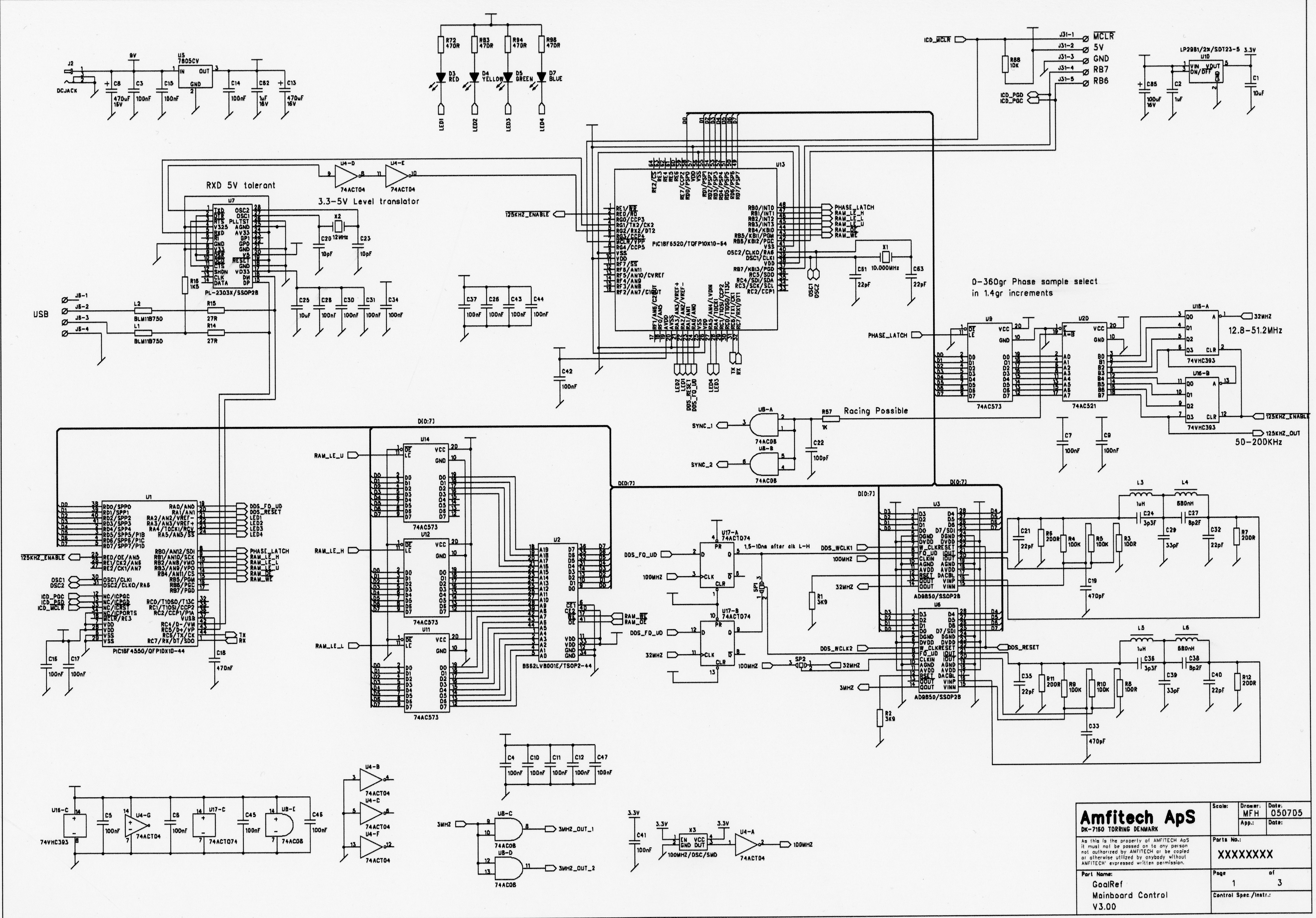 GoalRef main controller board circuit with 1M RAM, PIC USB interface & PIC controller