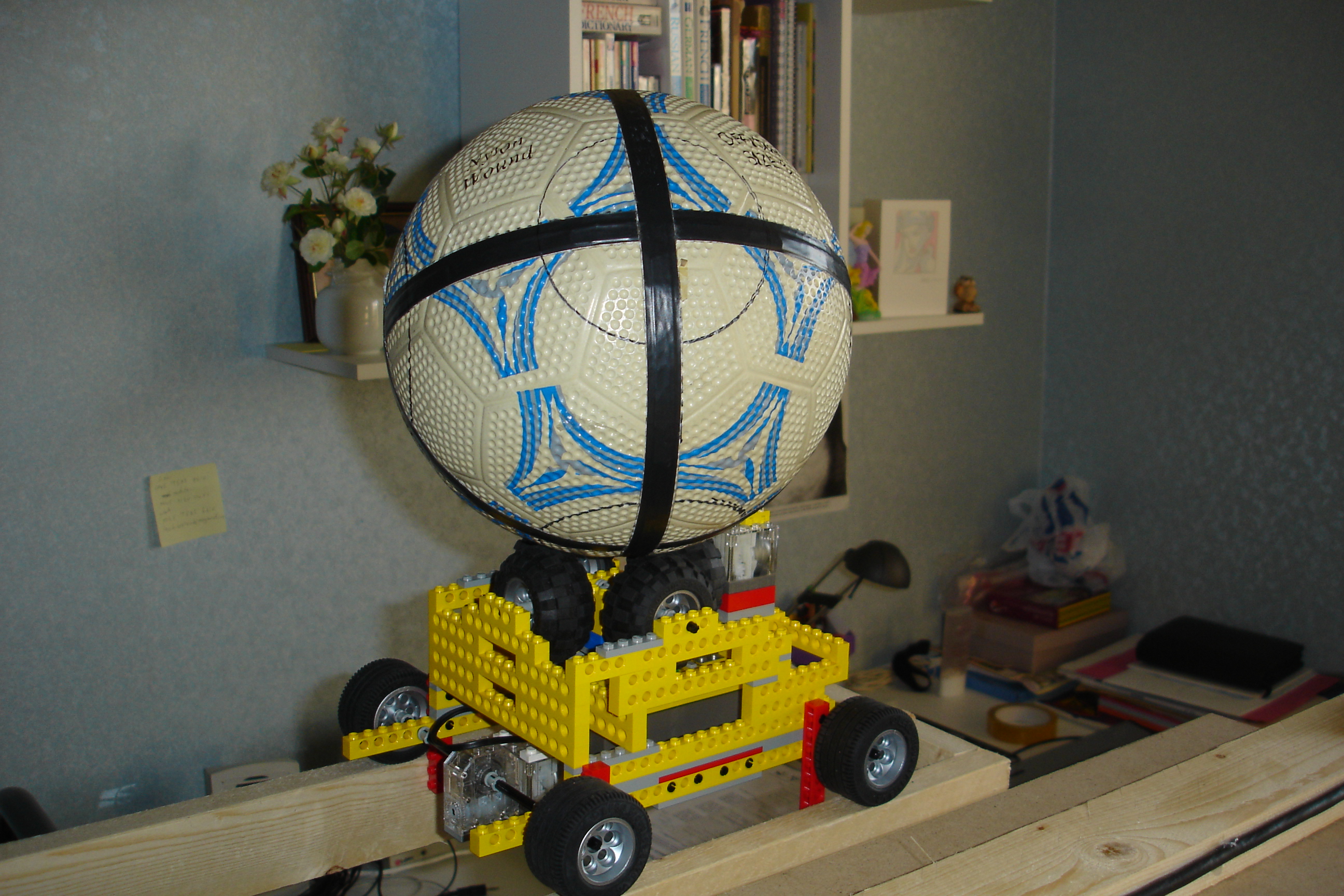 Football with 3 orthogonal resonant coils on a LEGO goal mouth simulation rig