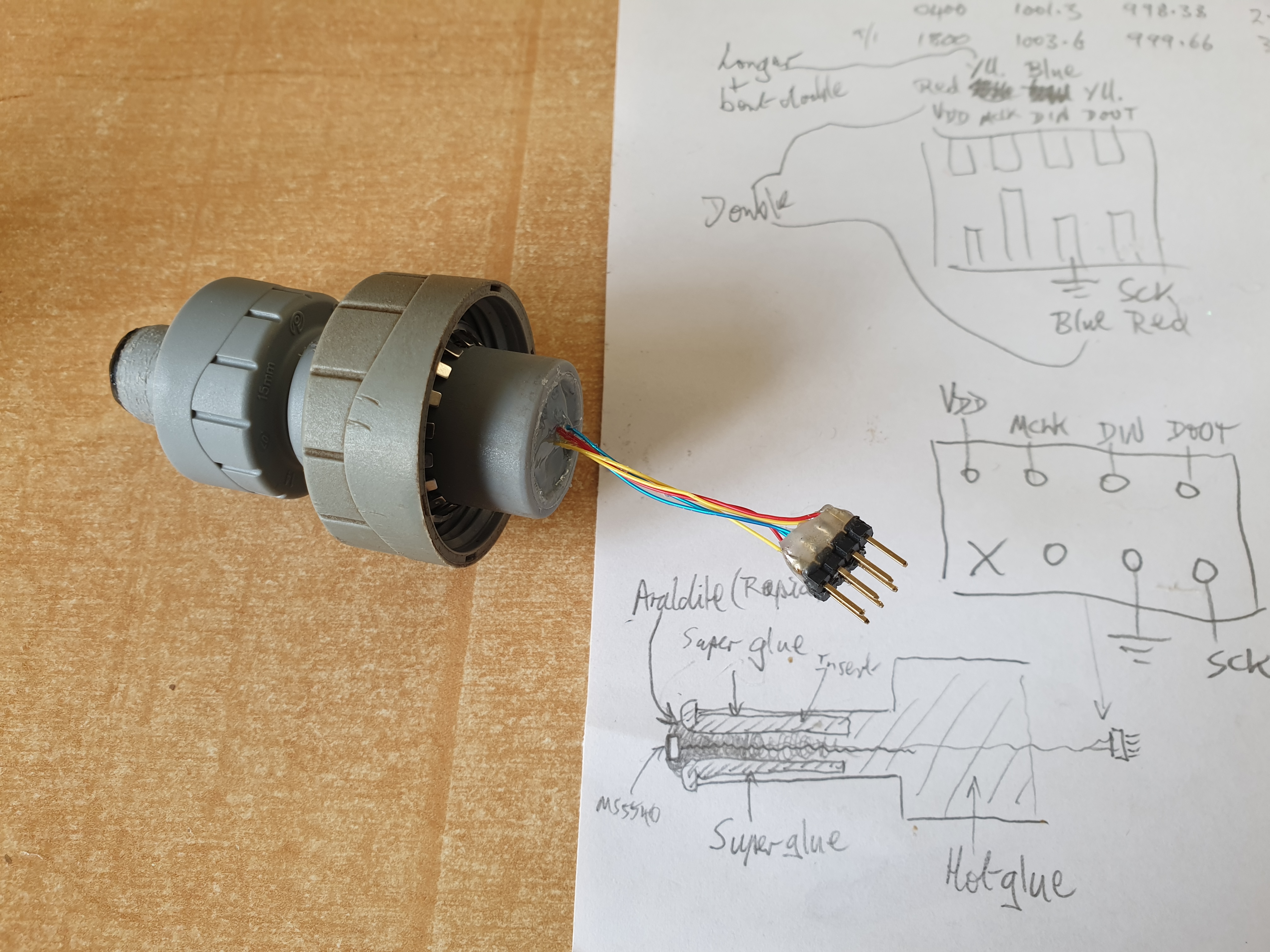 MS5540 inside spigot reducer, back-filled with hot glue