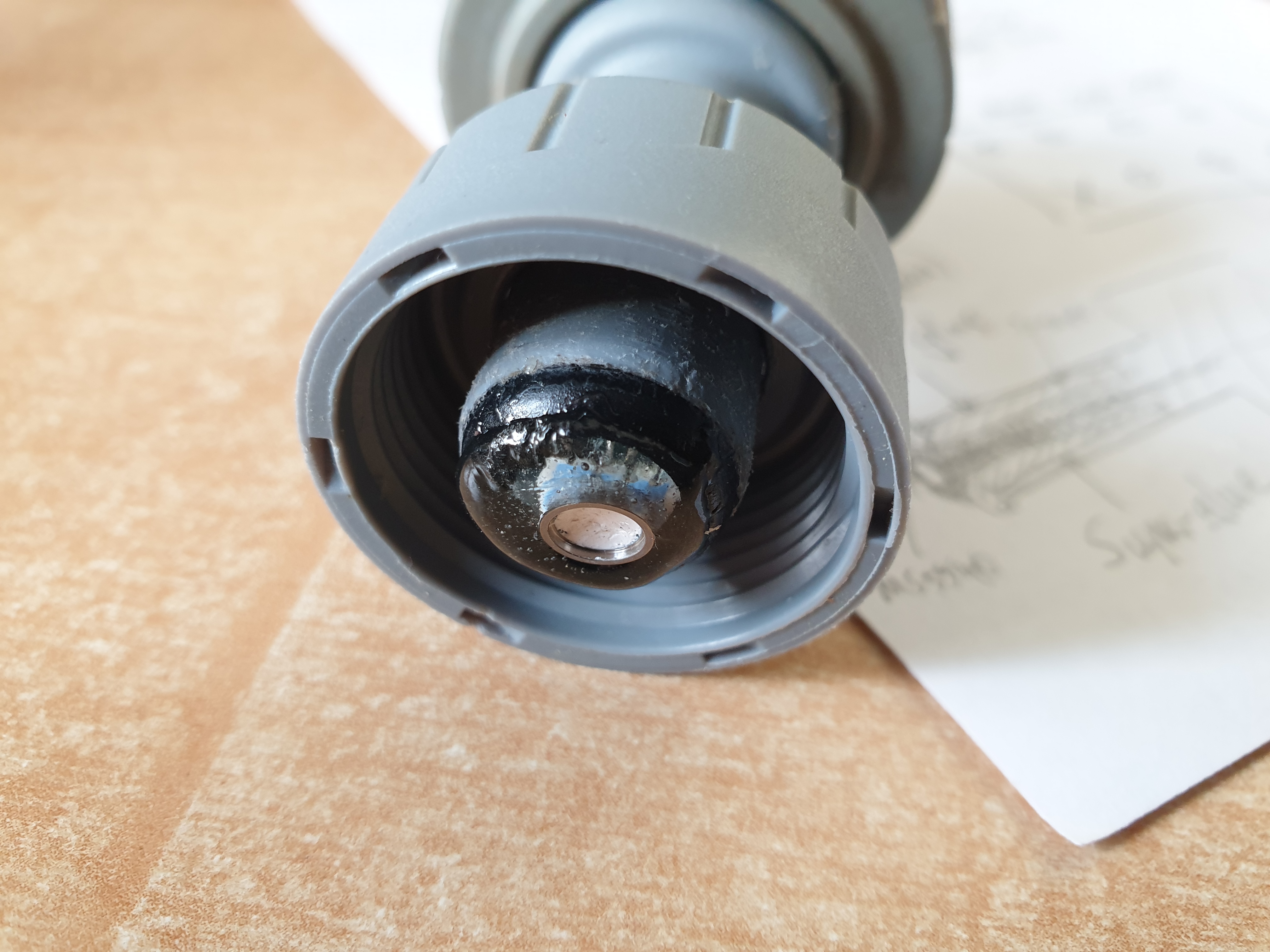 Sensor set in Araldite at the end of a Polyplumb 15mm pipe stiffner