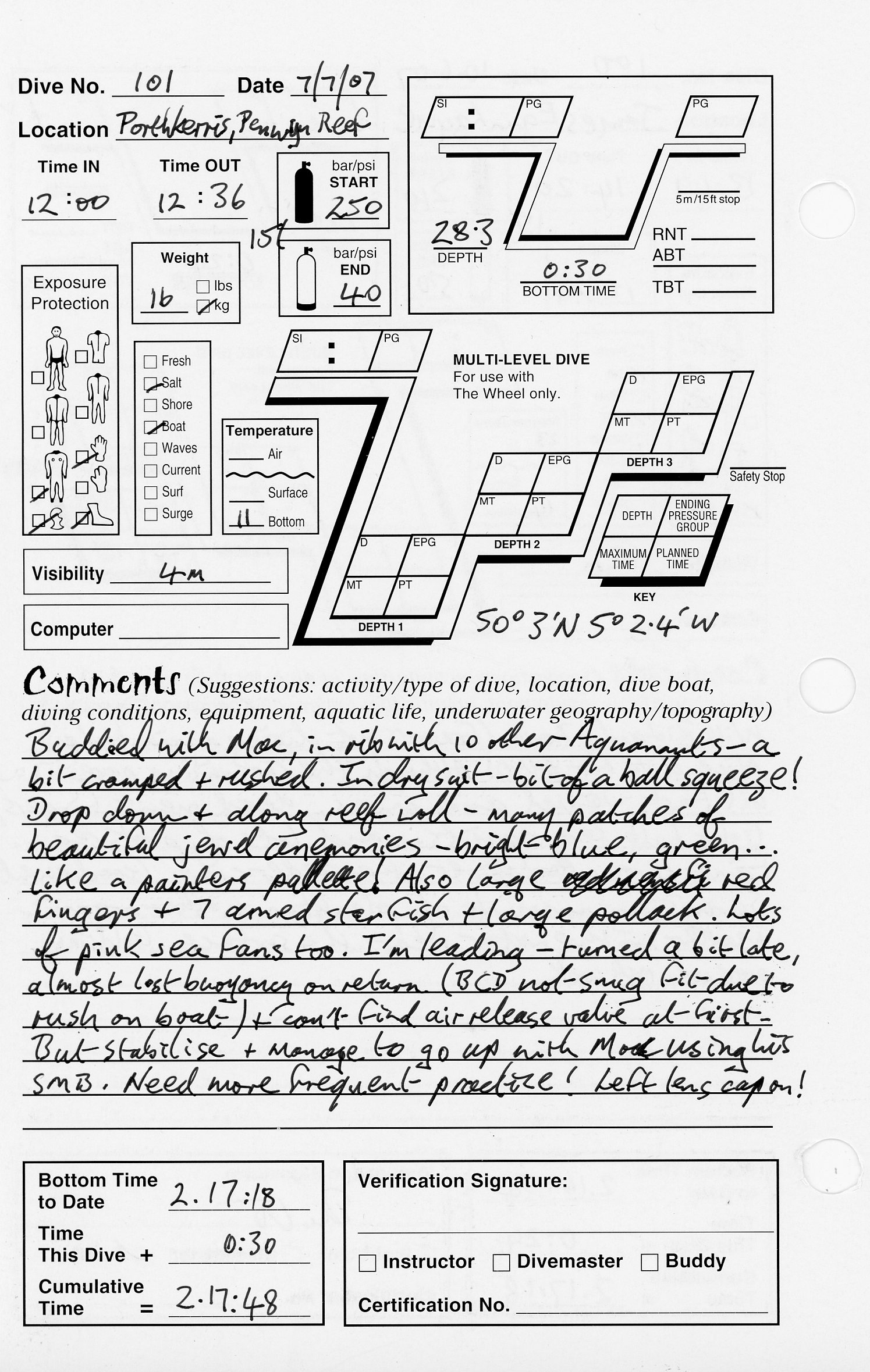 Dive 101 log Dive 101 log