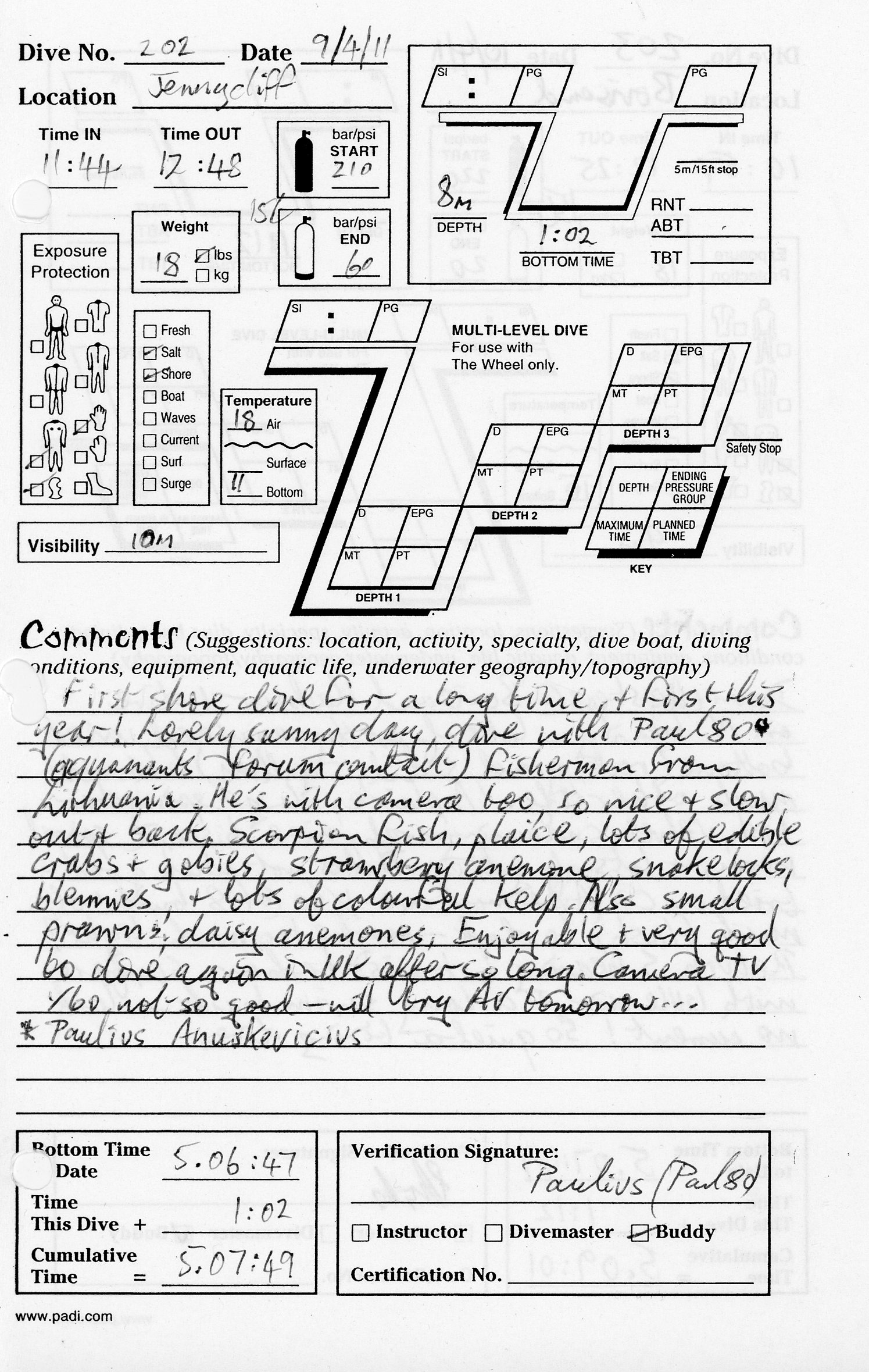 Dive 202 log Dive 202 log
