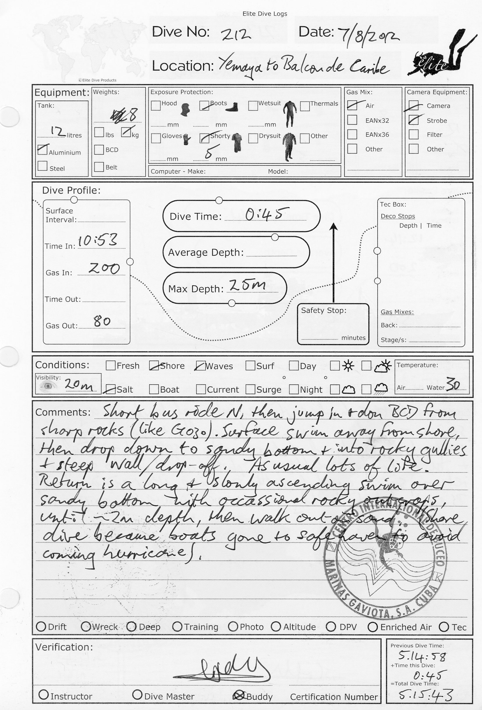 Dive 212 log