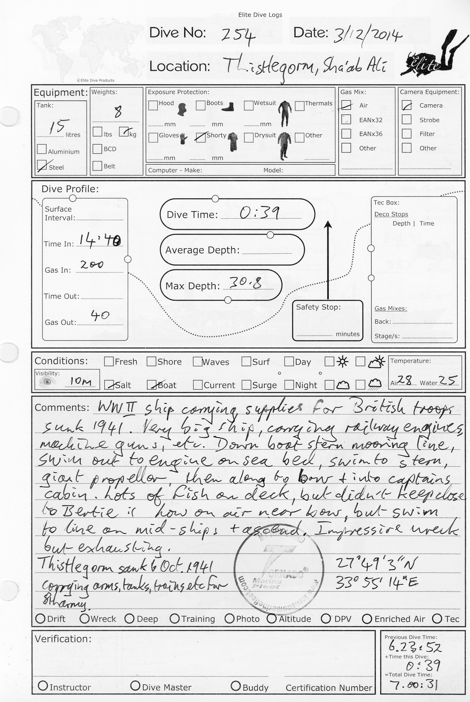 Dive 254 log Dive 254 log