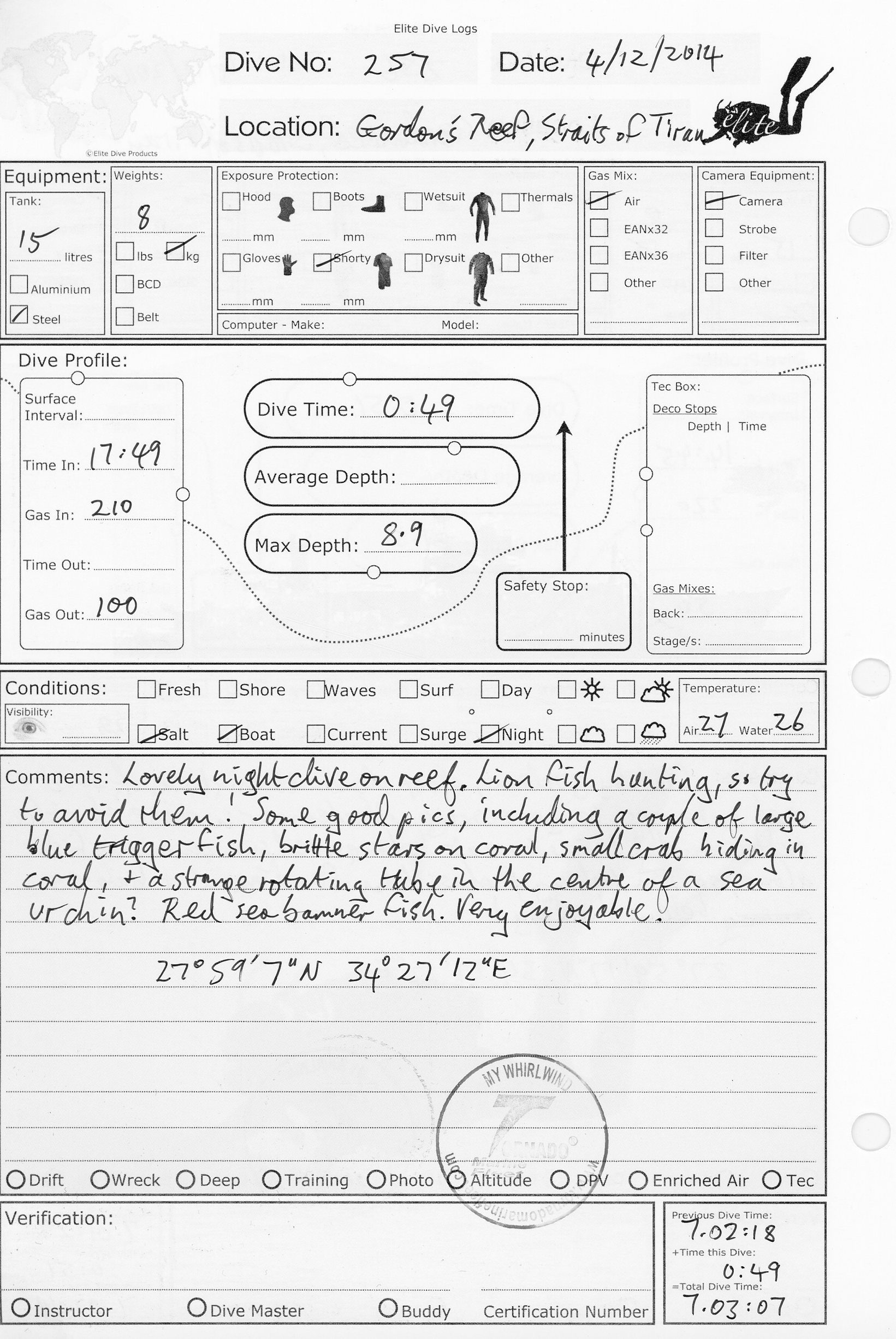 Dive 257 log Dive 257 log