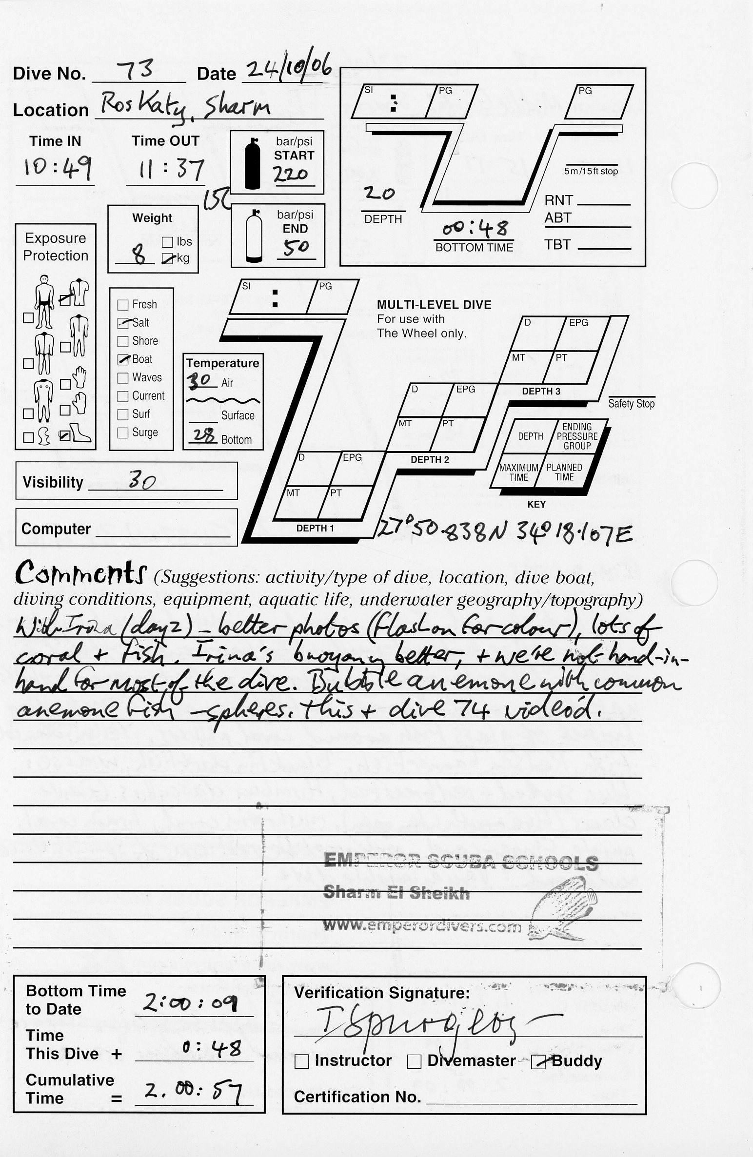 Dive 73 log Dive 73 log